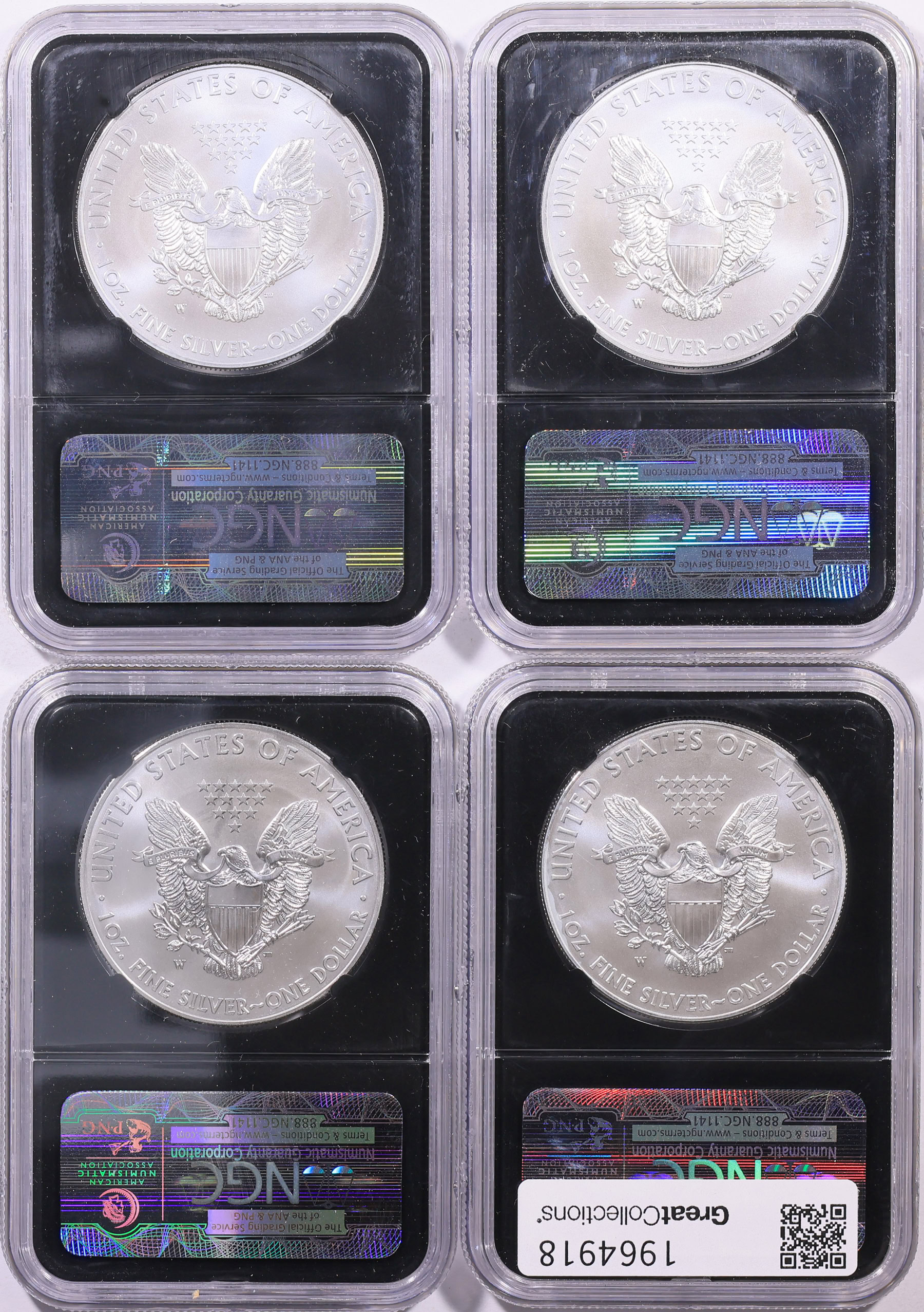 2012-W $1 Silver Eagle NGC MS-69 (Black Retro Holders) (4 Coins