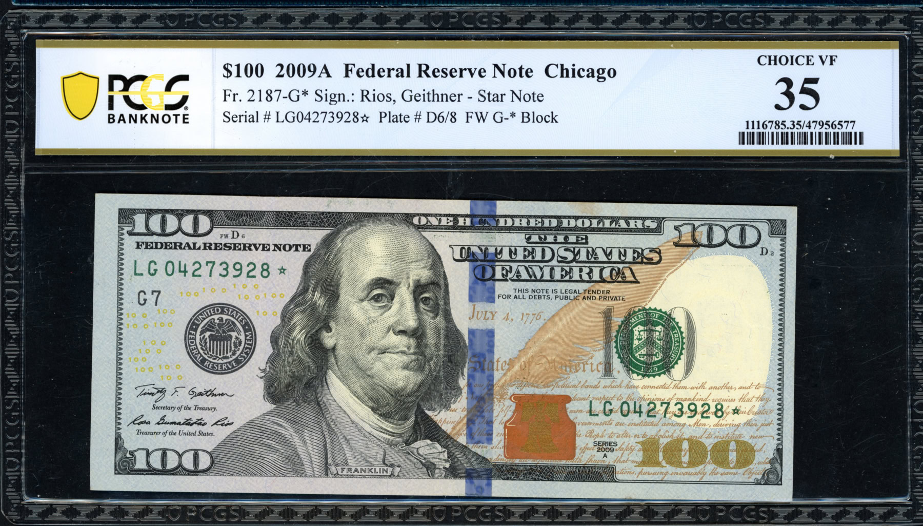 Fr. 2187-G* (LG* Block) 2009A $100 Chicago Federal Reserve Star Note ...