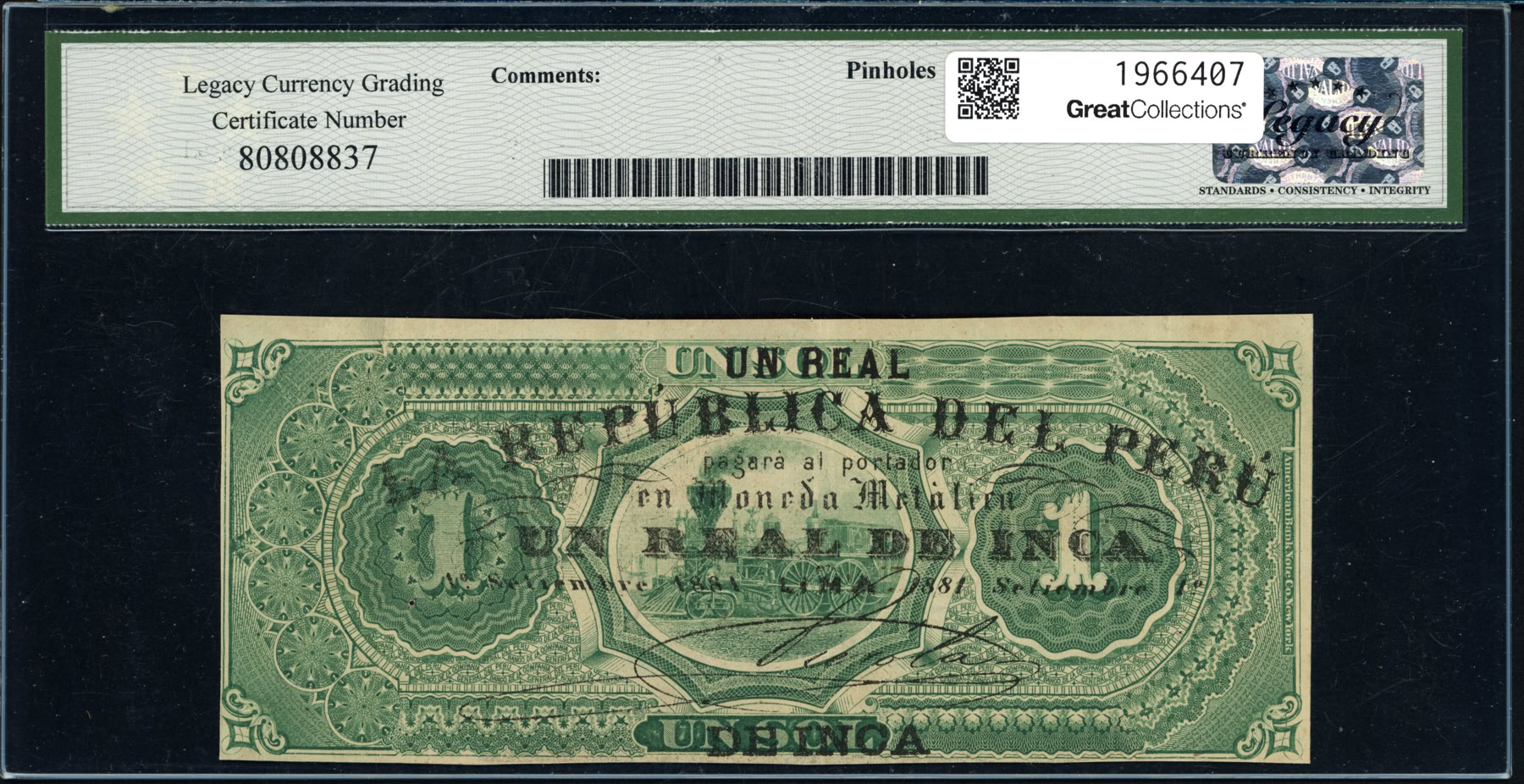 Real Inca Money Peru 1881 1 Real de Inca Republica del Peru Note SCWPM-11 Legacy ...