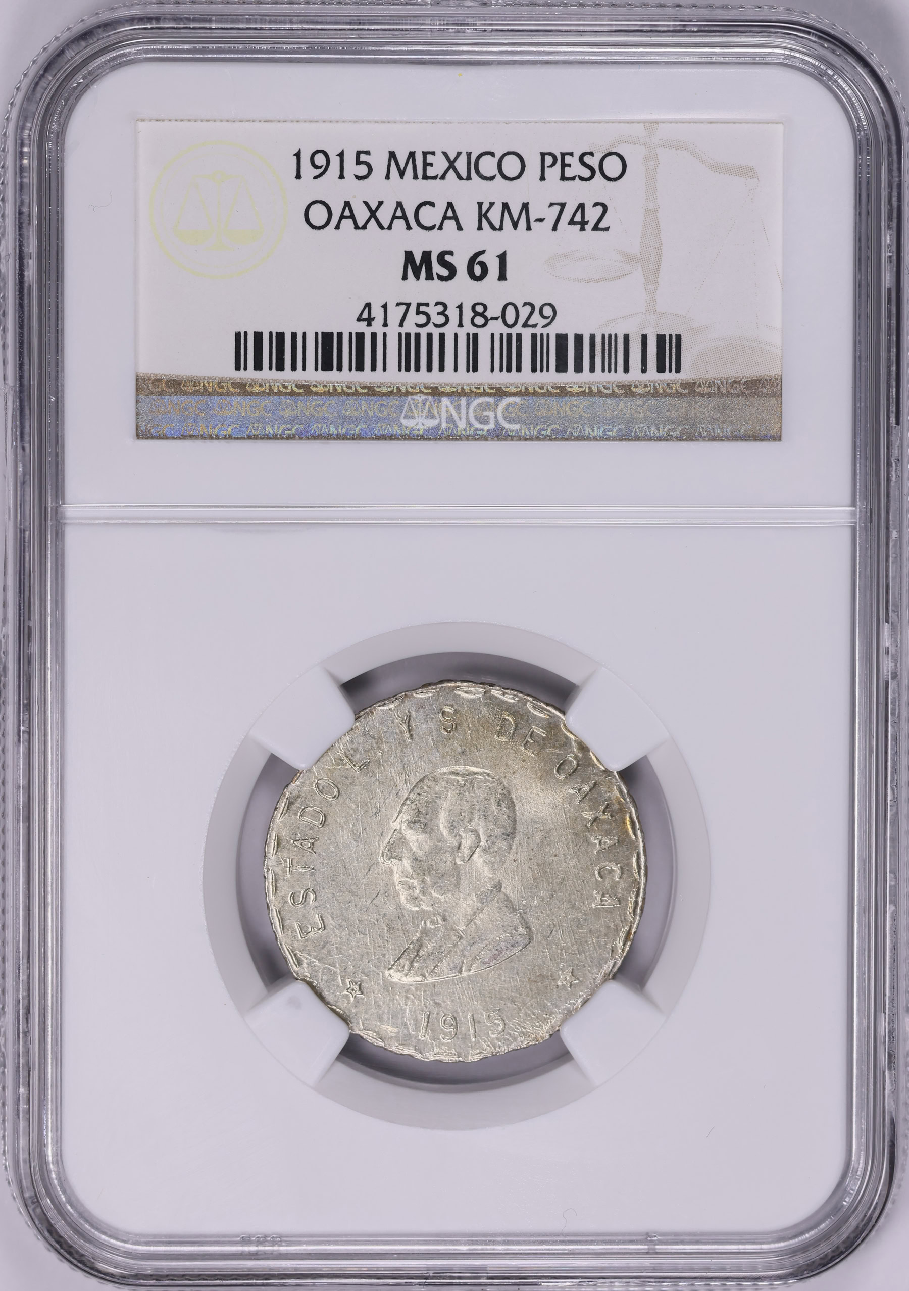 Mexico - Oaxaca 1915 Silver Peso Sixth Bust KM-742 NGC MS-61 (Item