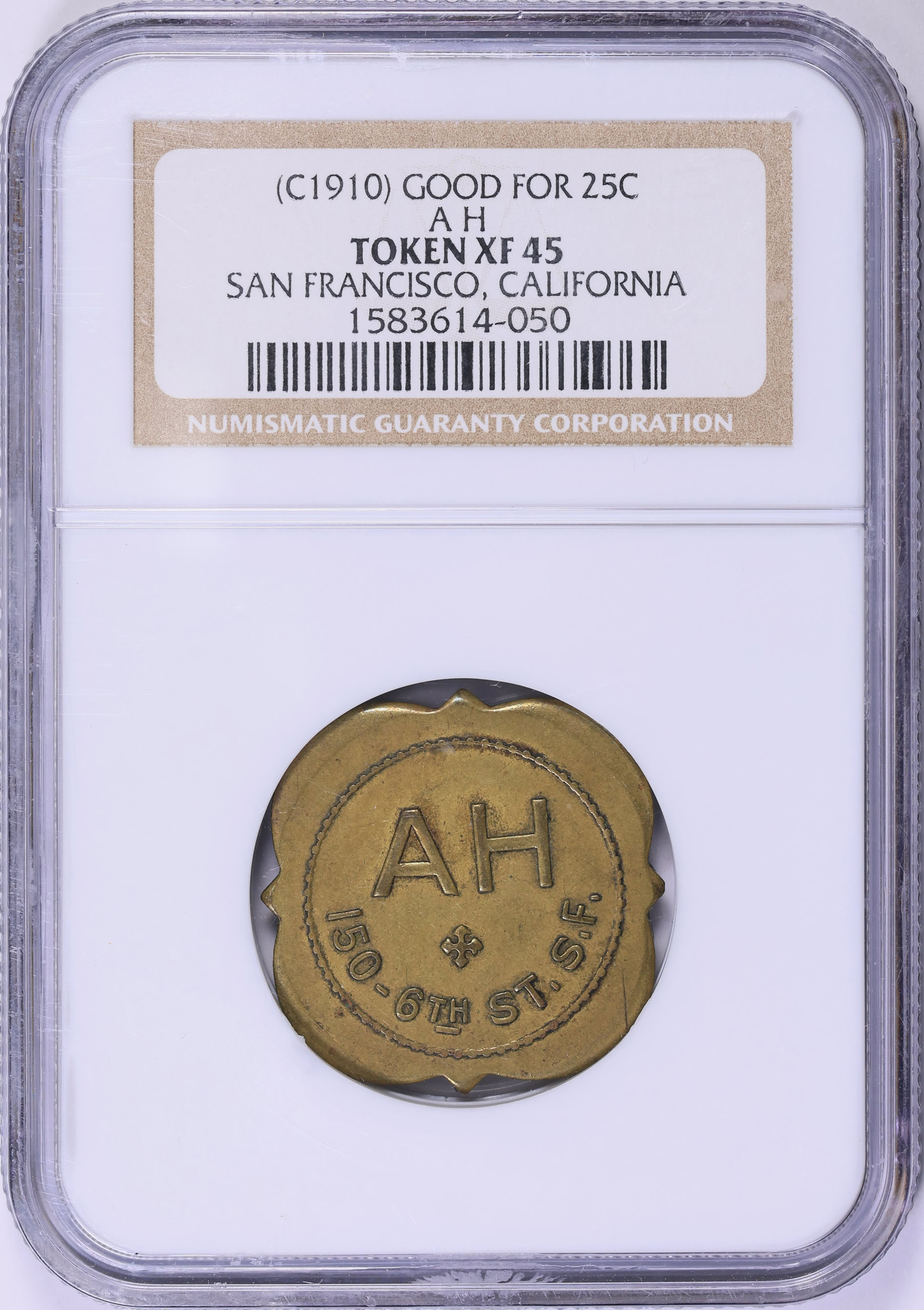 ND (c.1910) San Francisco, California AH 25 Cents Token NGC XF-45 | NGC  Cert #1583614-050 | GreatCollections Coin Auctions Item #1968887