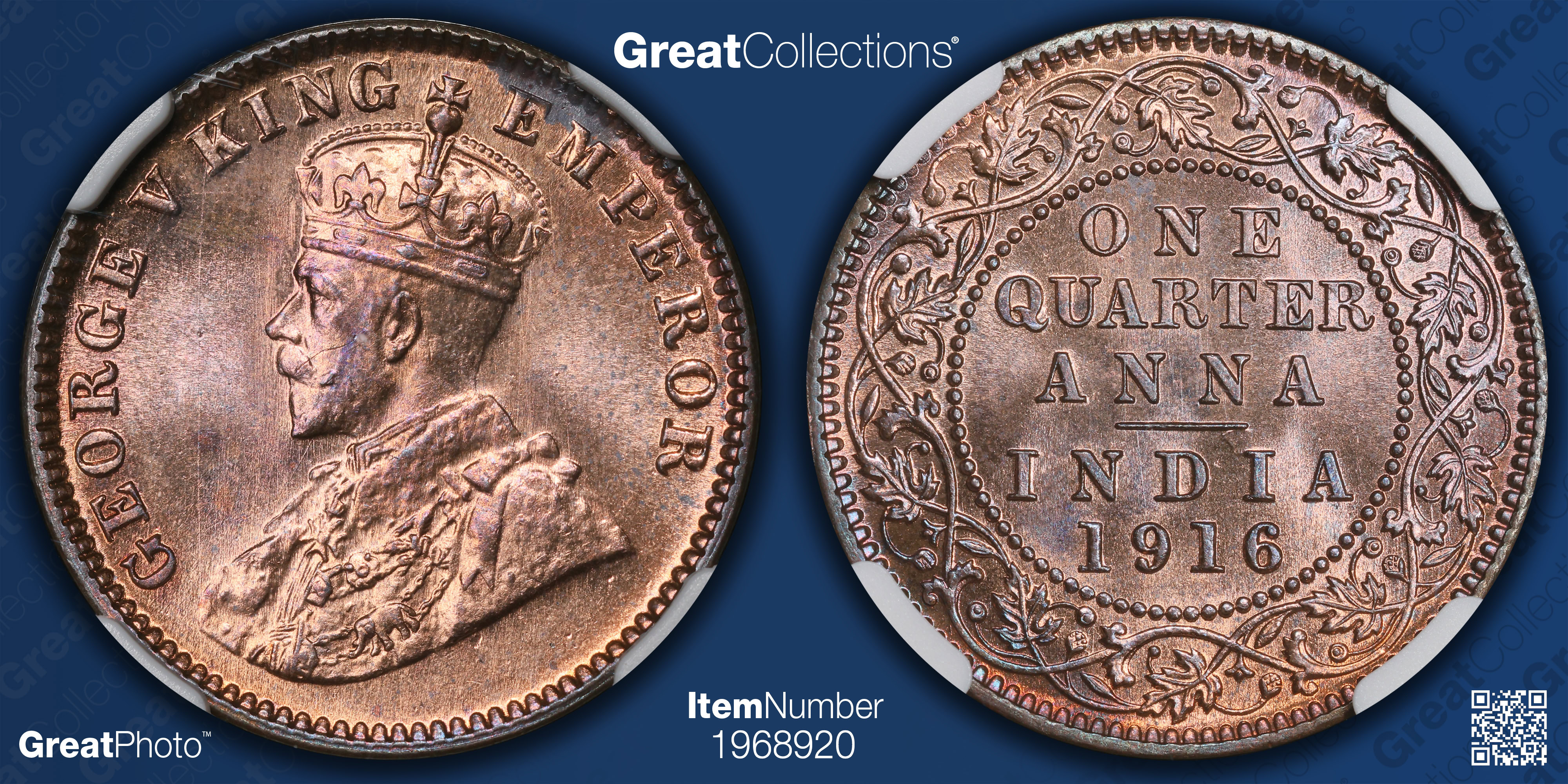 India 1916-(C) 1/4 Anna KM-512 NGC MS-65 RB (Item 1968920