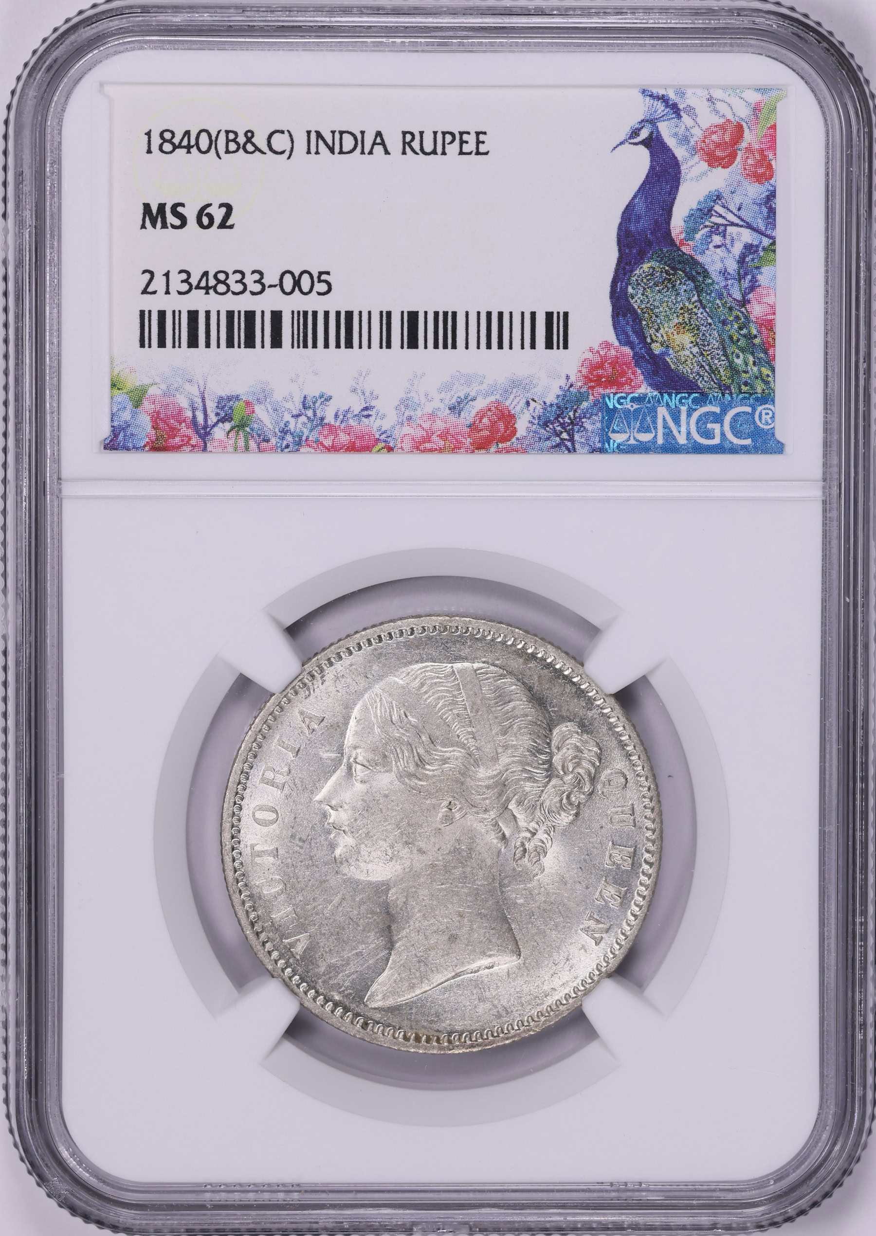 India 1840-(B&C) Silver Rupee Large Diamonds NGC MS-62 (Item