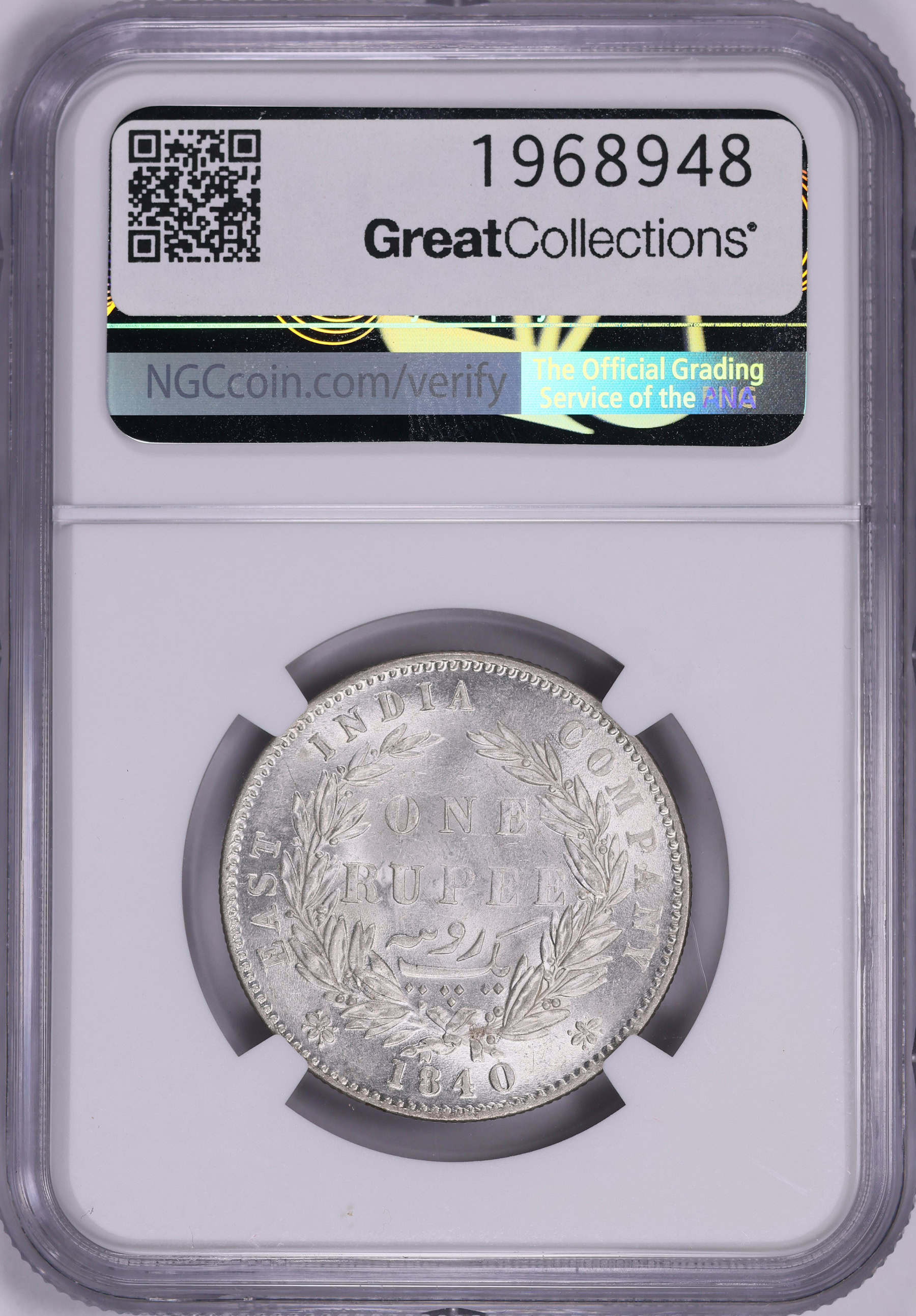 India 1840-(B&C) Silver Rupee Large Diamonds NGC MS-62 (Item