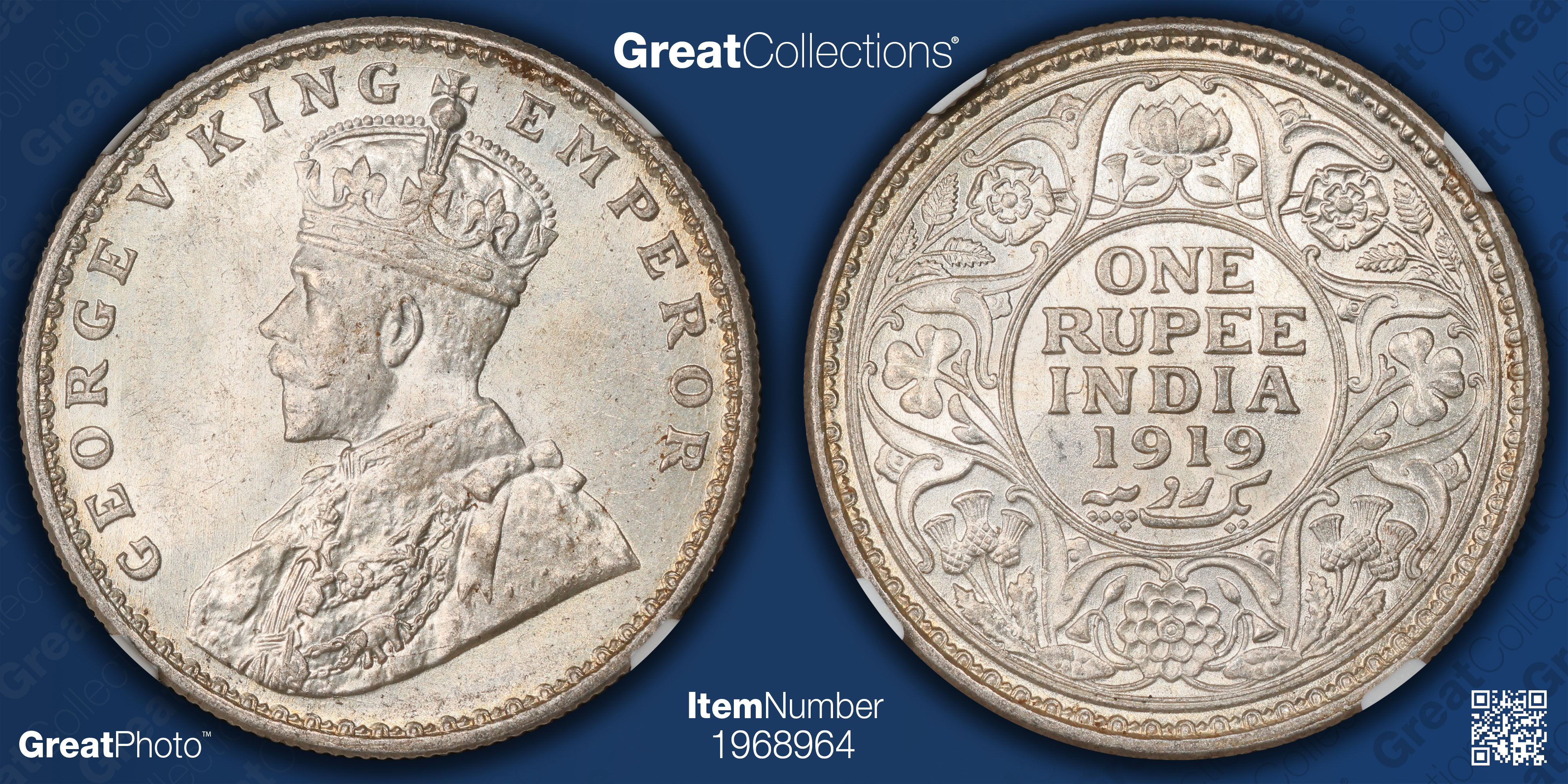 India 1919-(C) Silver Rupee KM-524 NGC MS-63 (Item 1968964