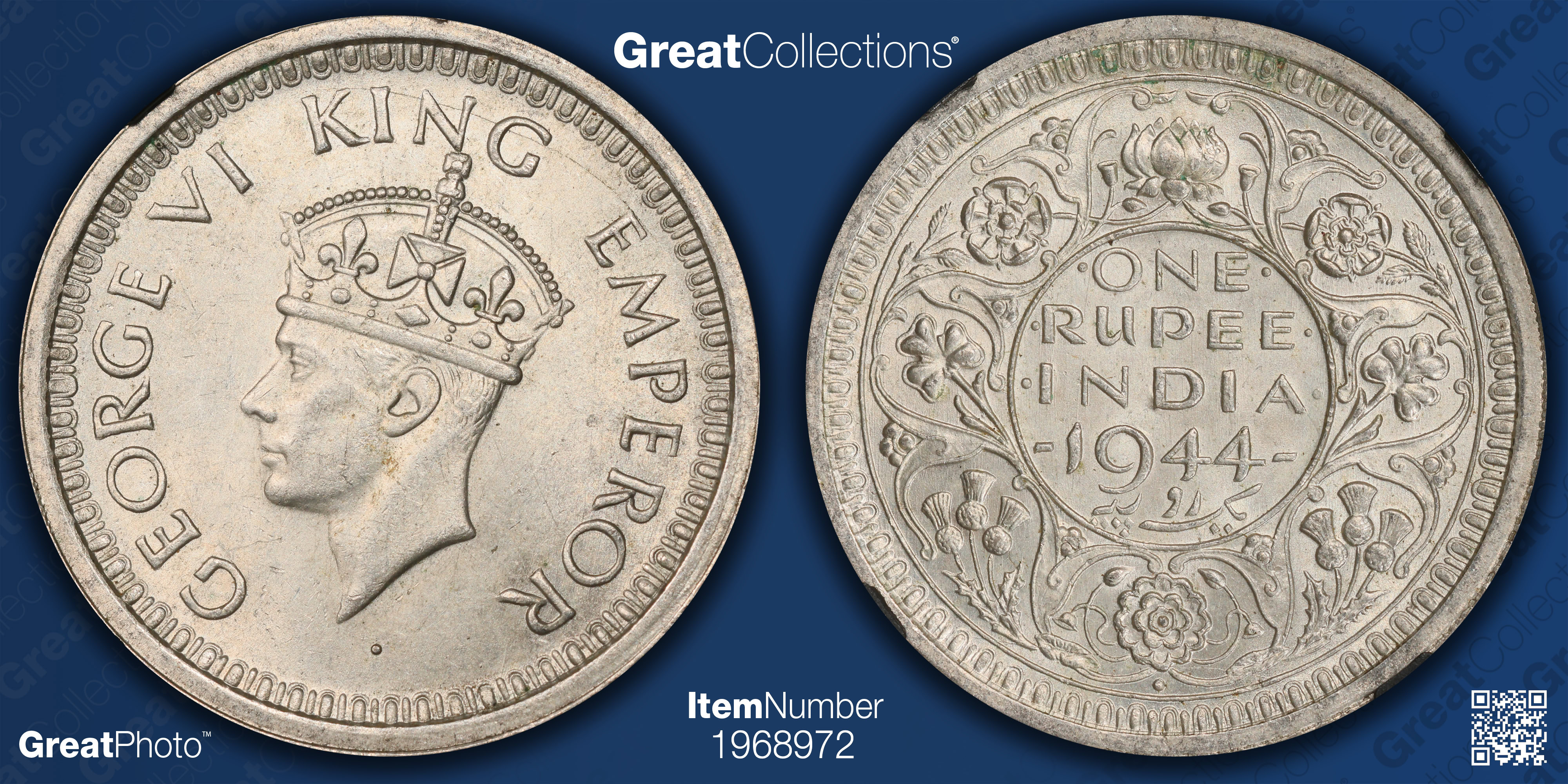 India 1944 Silver Rupee Diamond KM-557.1 NGC MS-62 (Black Retro