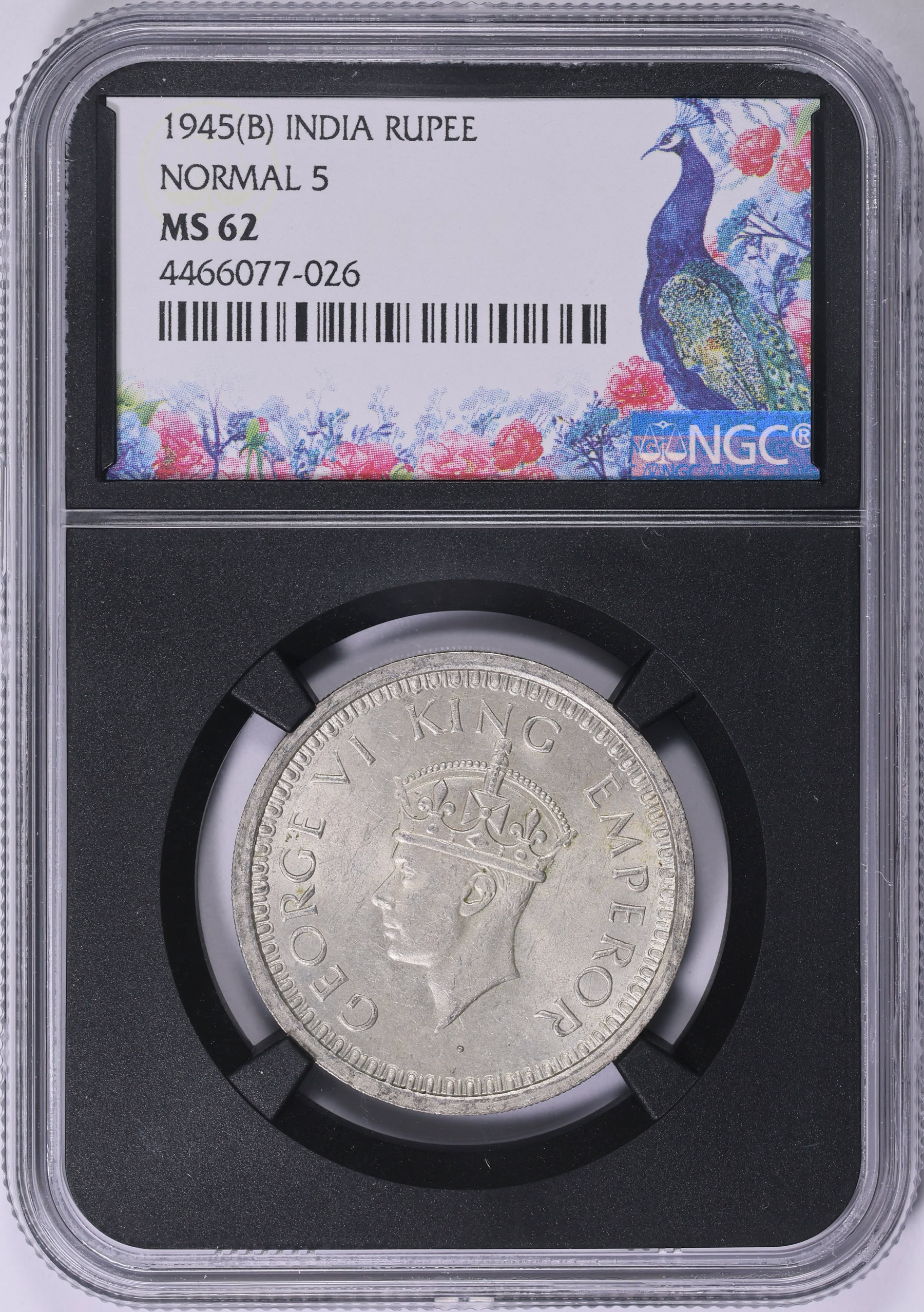 India 1945-(B) Silver Rupee Normal 5 KM-557.1 NGC MS-62 (Black