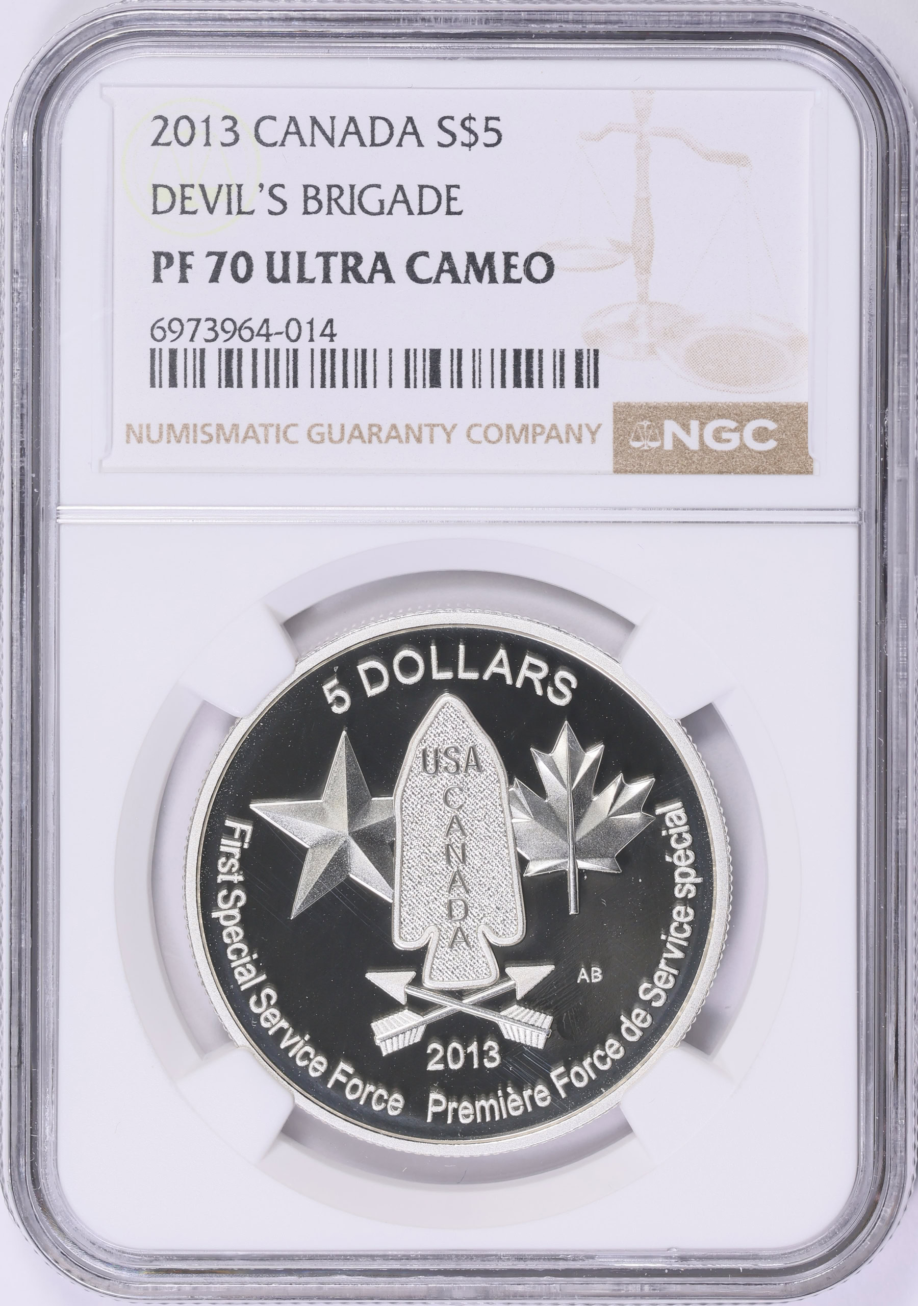 Canada 2013 Silver $5 Devils Brigade KM-1498 NGC Proof-70 UC (Item