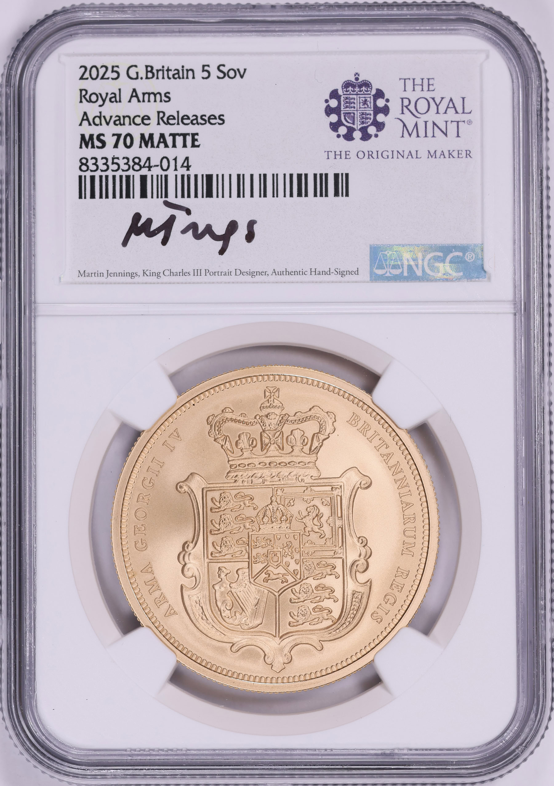 Great Britain 2025 Gold 5 Sovereign Royal Arms Matte Finish