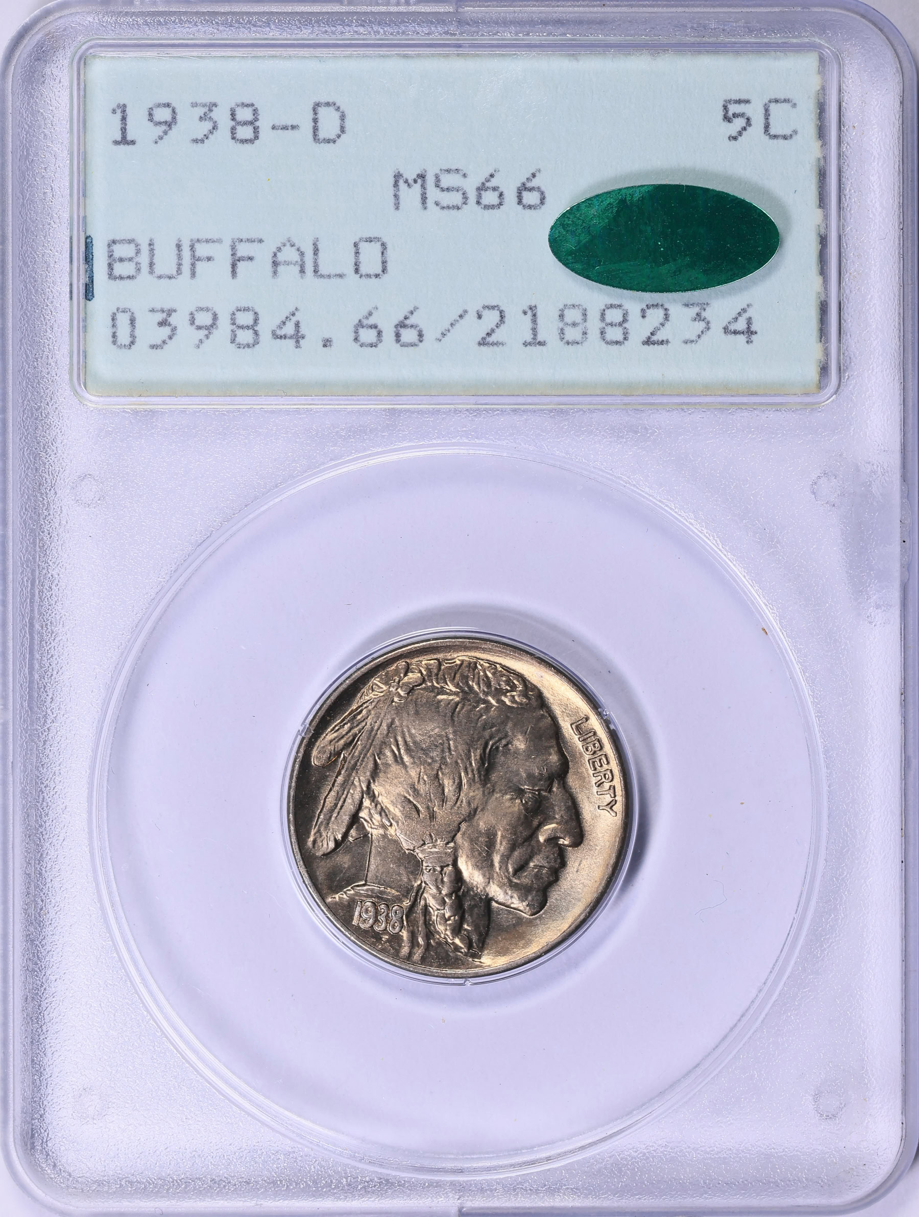 1938-D Buffalo Nickel PCGS MS-66 (CAC Green) OGH (1st Gen) (Item