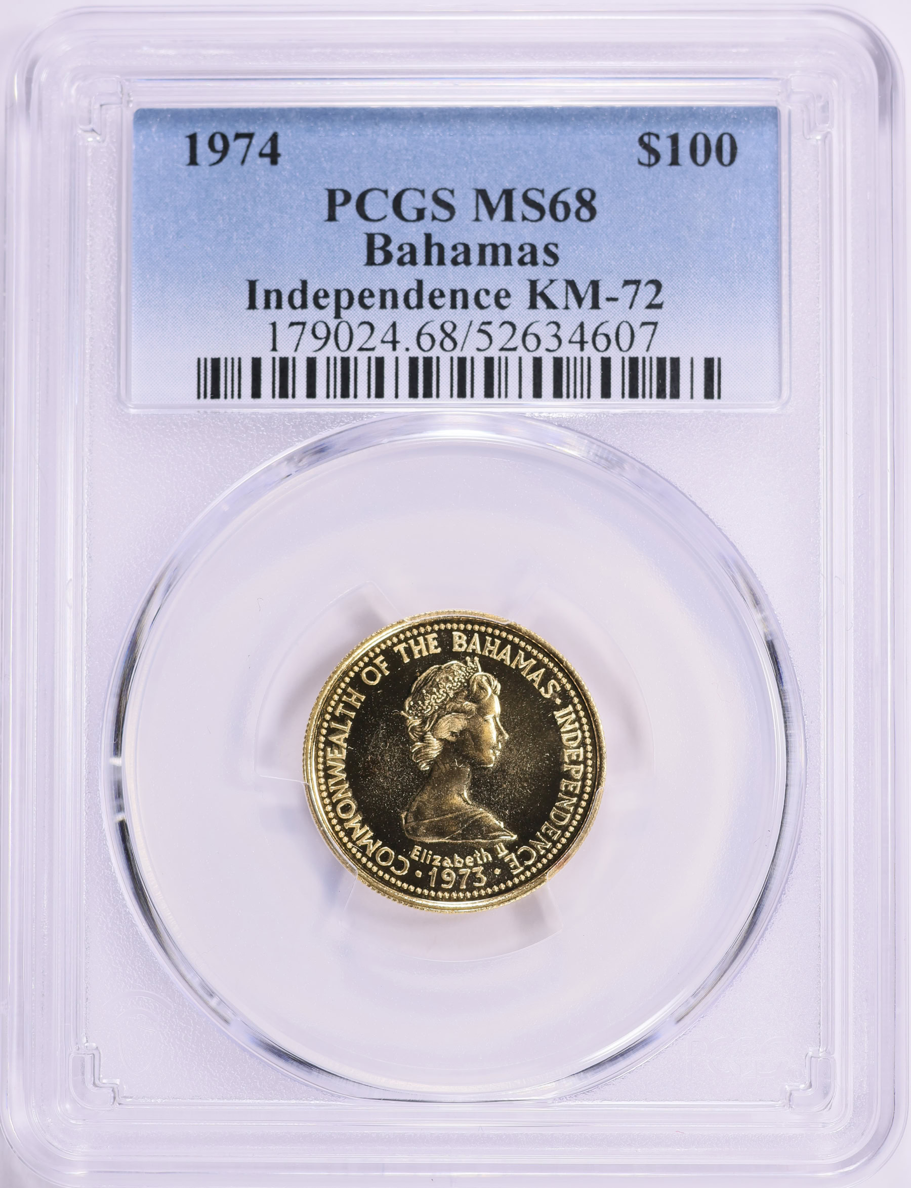 Bahamas 1974 Gold $100 Independence KM-72 PCGS MS-68 (AGW = 0.161