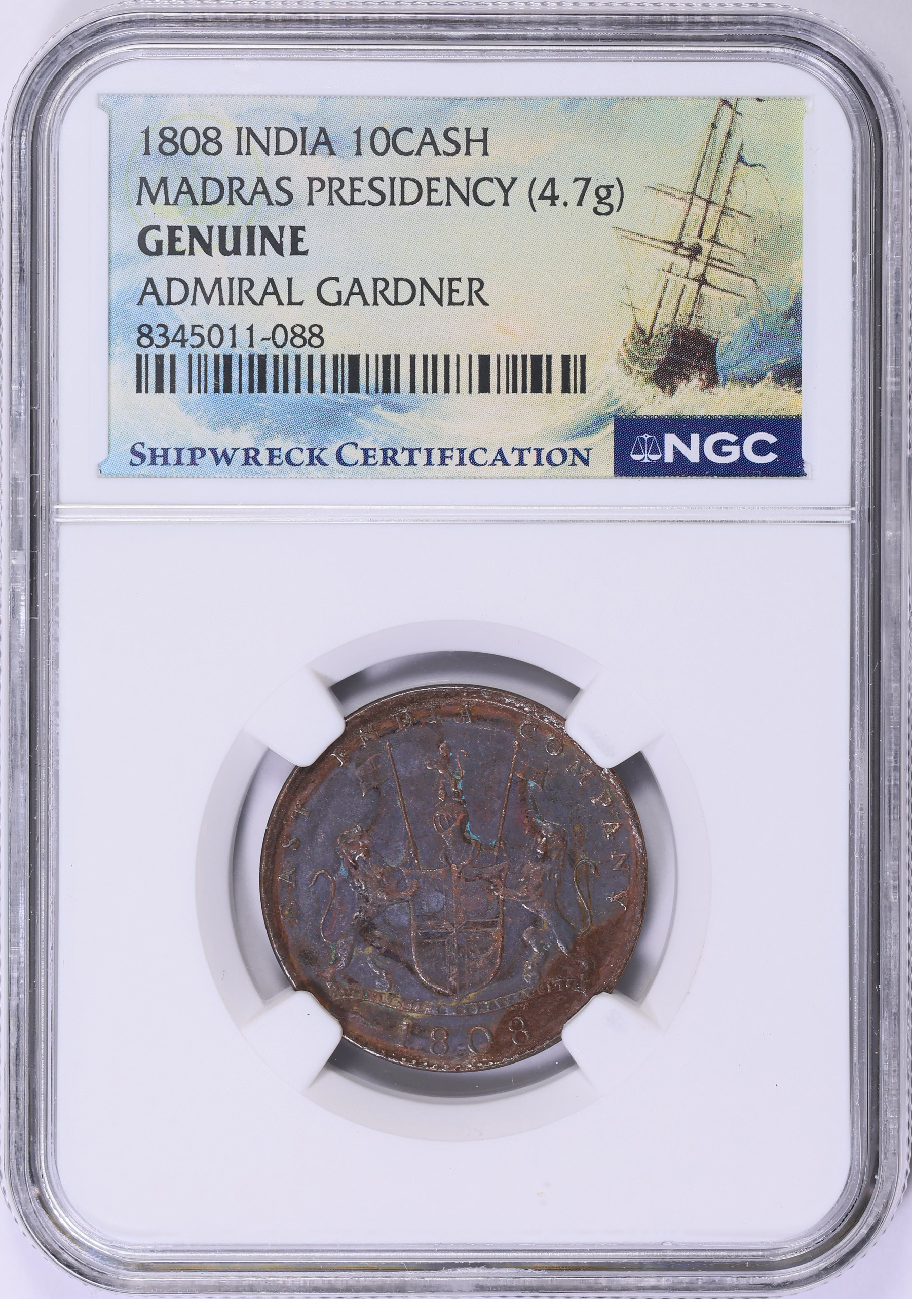 India - Madras Presidency 1808 10 Cash KM-319 NGC Genuine (Admiral