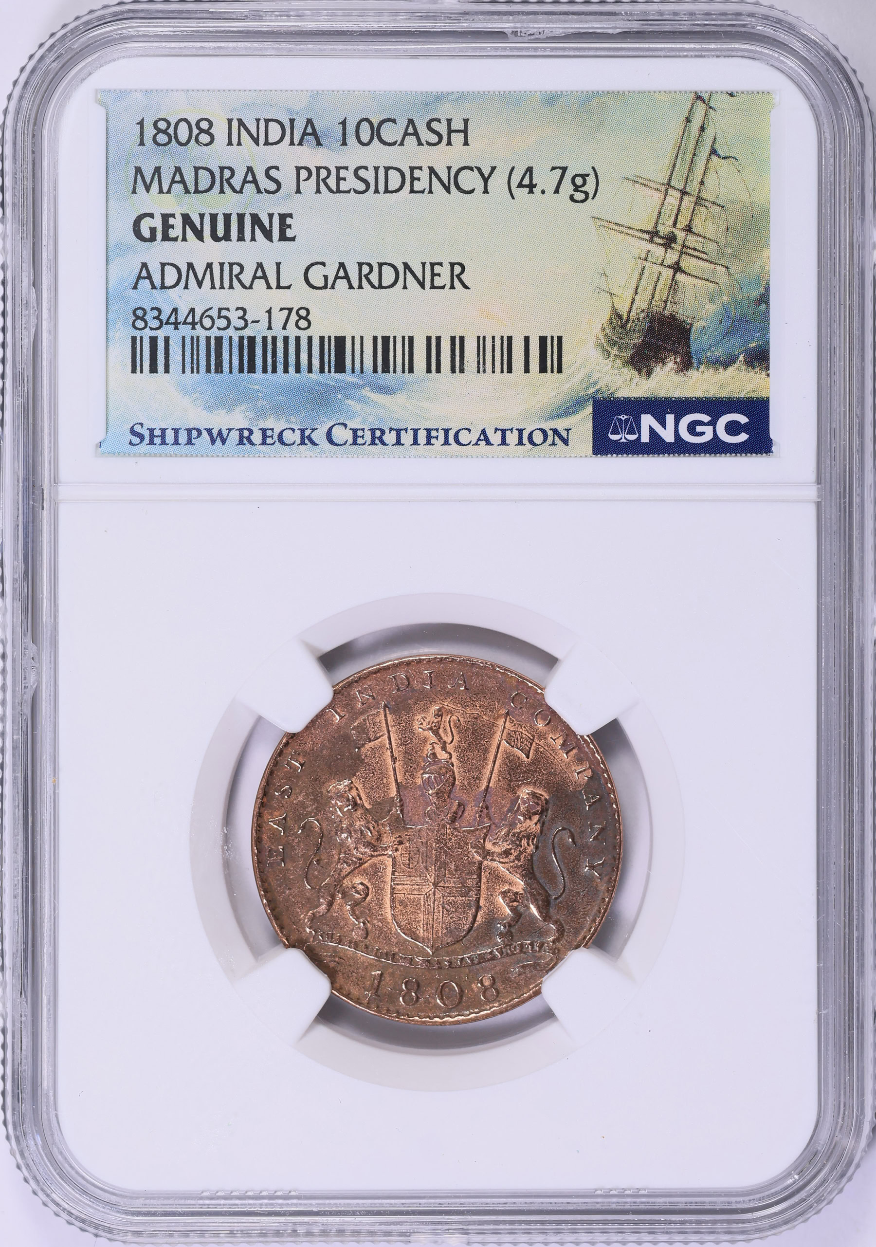 India - Madras Presidency 1808 10 Cash KM-319 NGC Genuine (Admiral