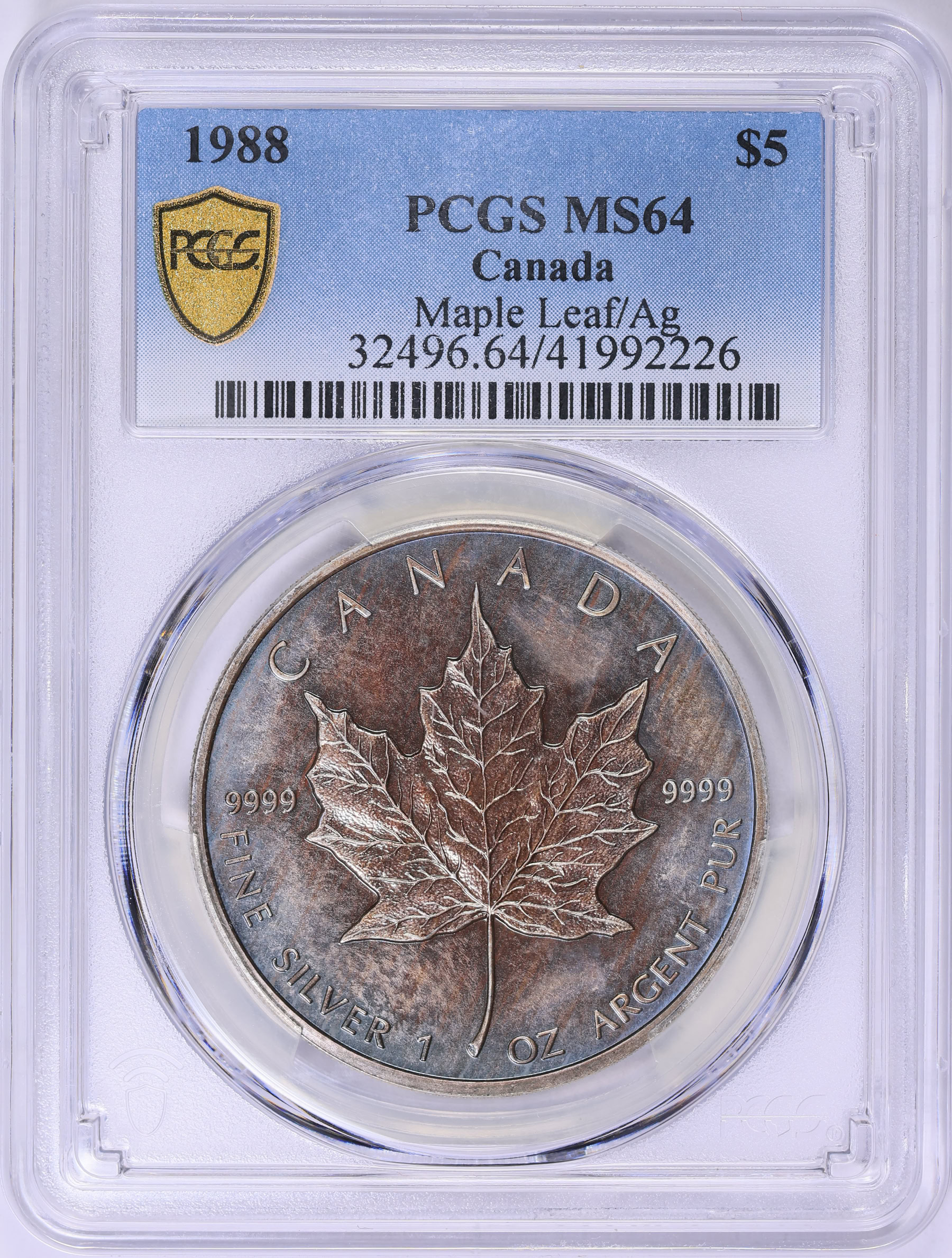 Canada 1988 Silver $5 Maple Leaf KM-163 PCGS MS-64 (Toned) (Item