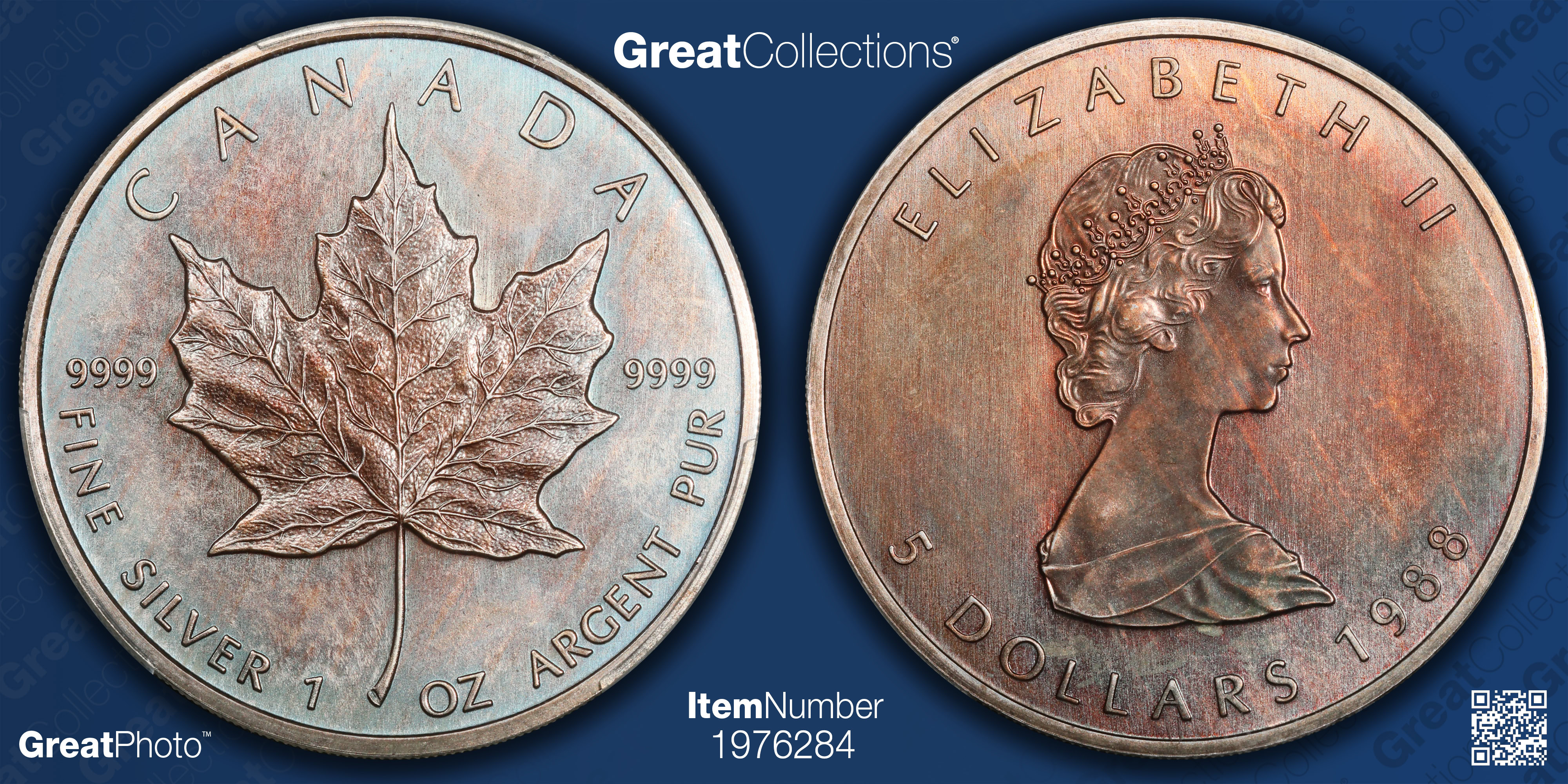 Canada 1988 Silver $5 Maple Leaf KM-163 PCGS MS-64 (Toned) (Item