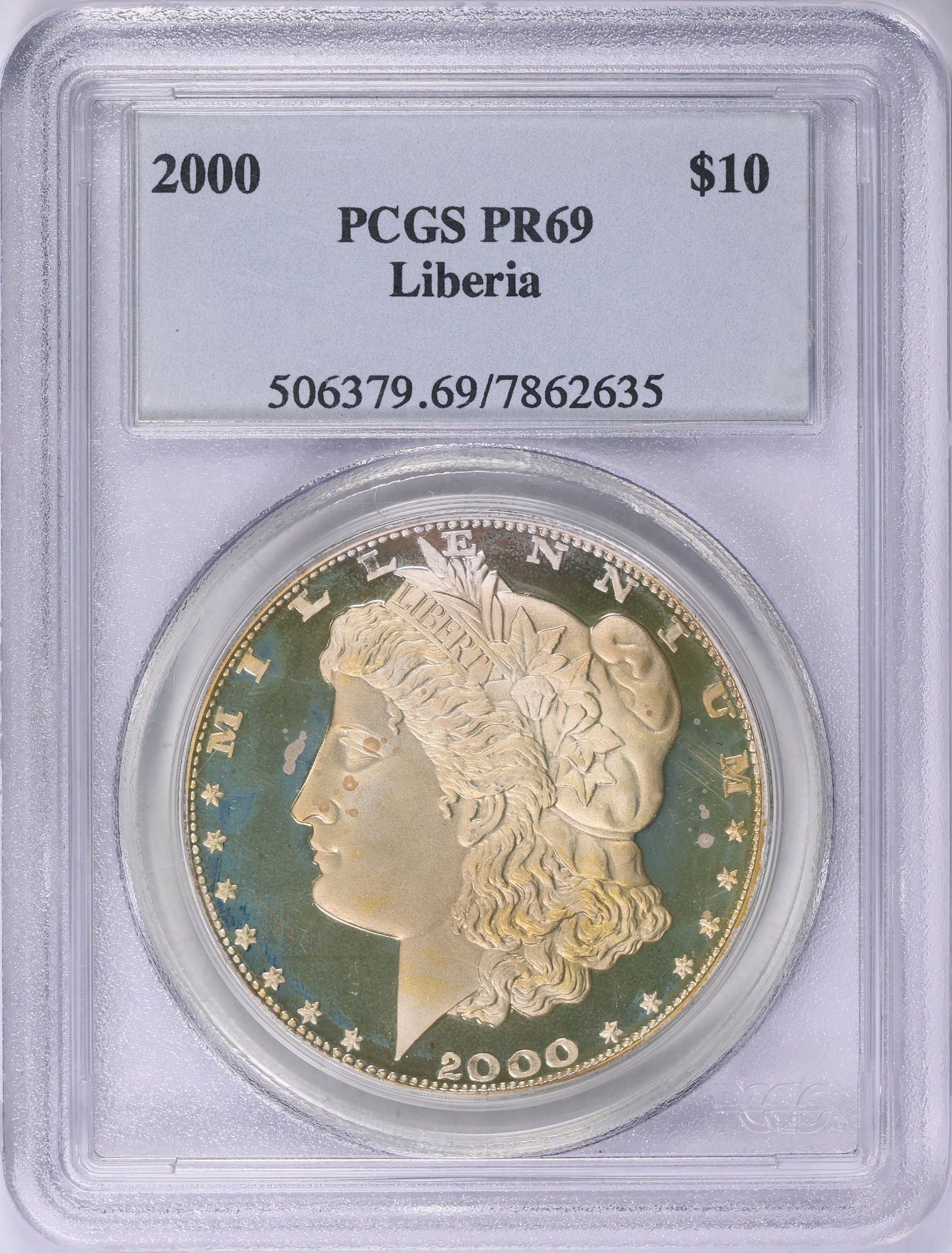 Liberia 2000 Silver $10 Millenium PCGS Proof-69 (Toned) (Item