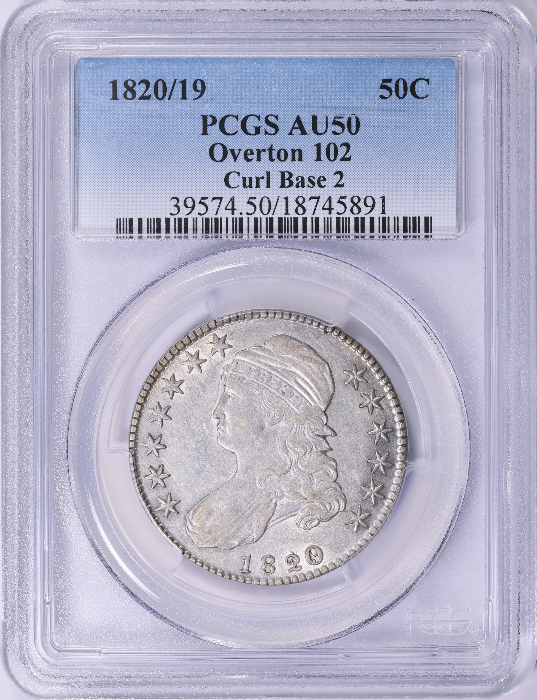 1820/19 Capped Bust Half Dollar Curl Base 2 Overton 102