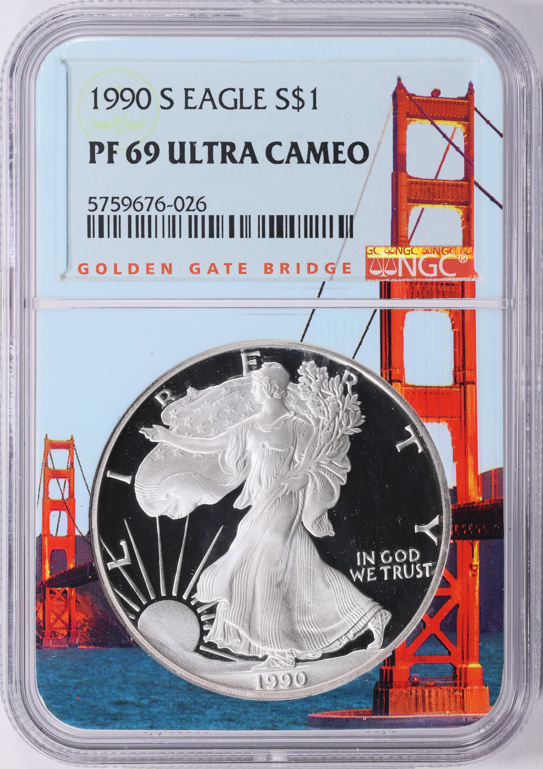 1990-S $1 Silver Eagle NGC Proof-69 UC (Golden Gate Bridge Frame