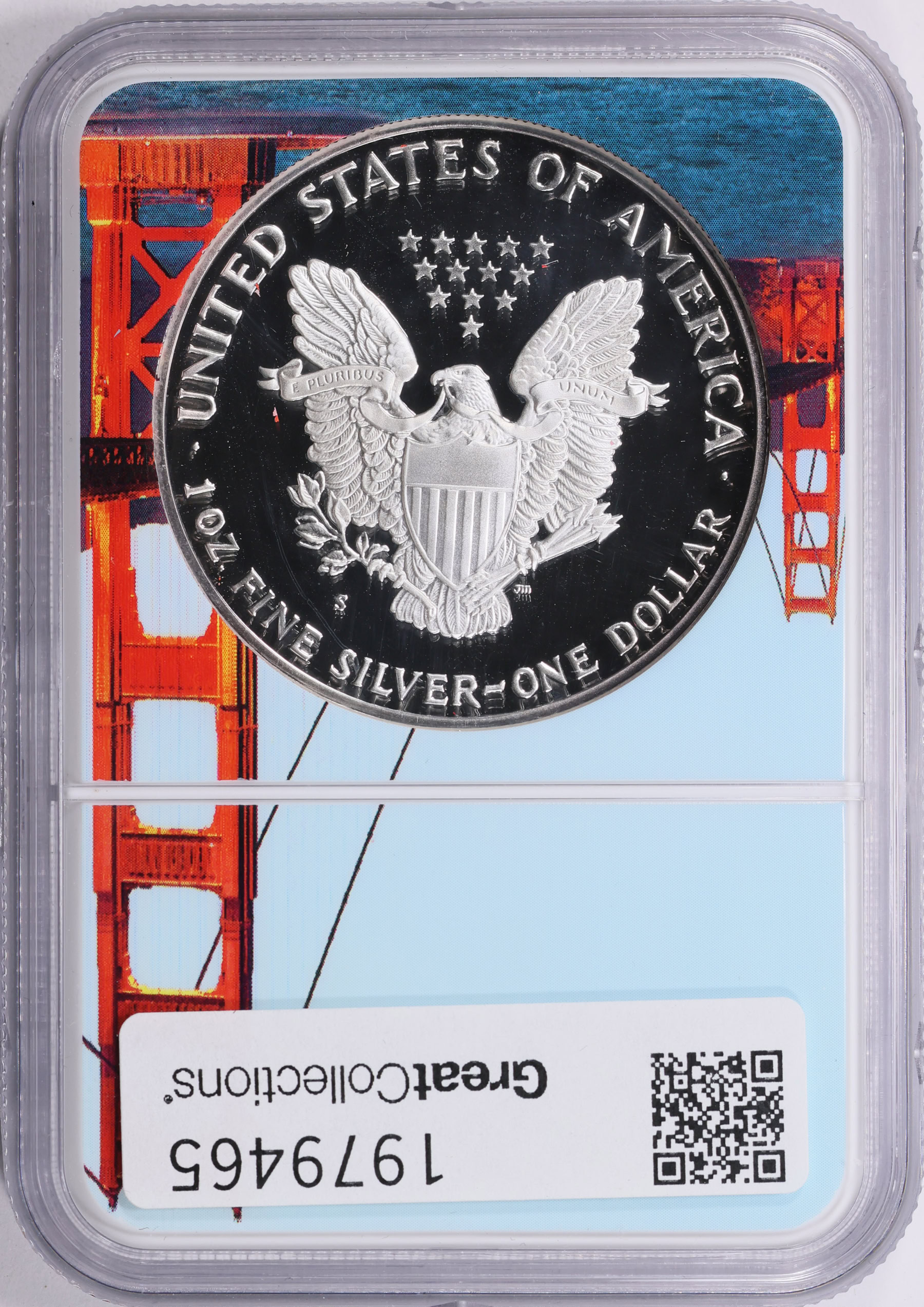 1990-S $1 Silver Eagle NGC Proof-69 UC (Golden Gate Bridge Frame