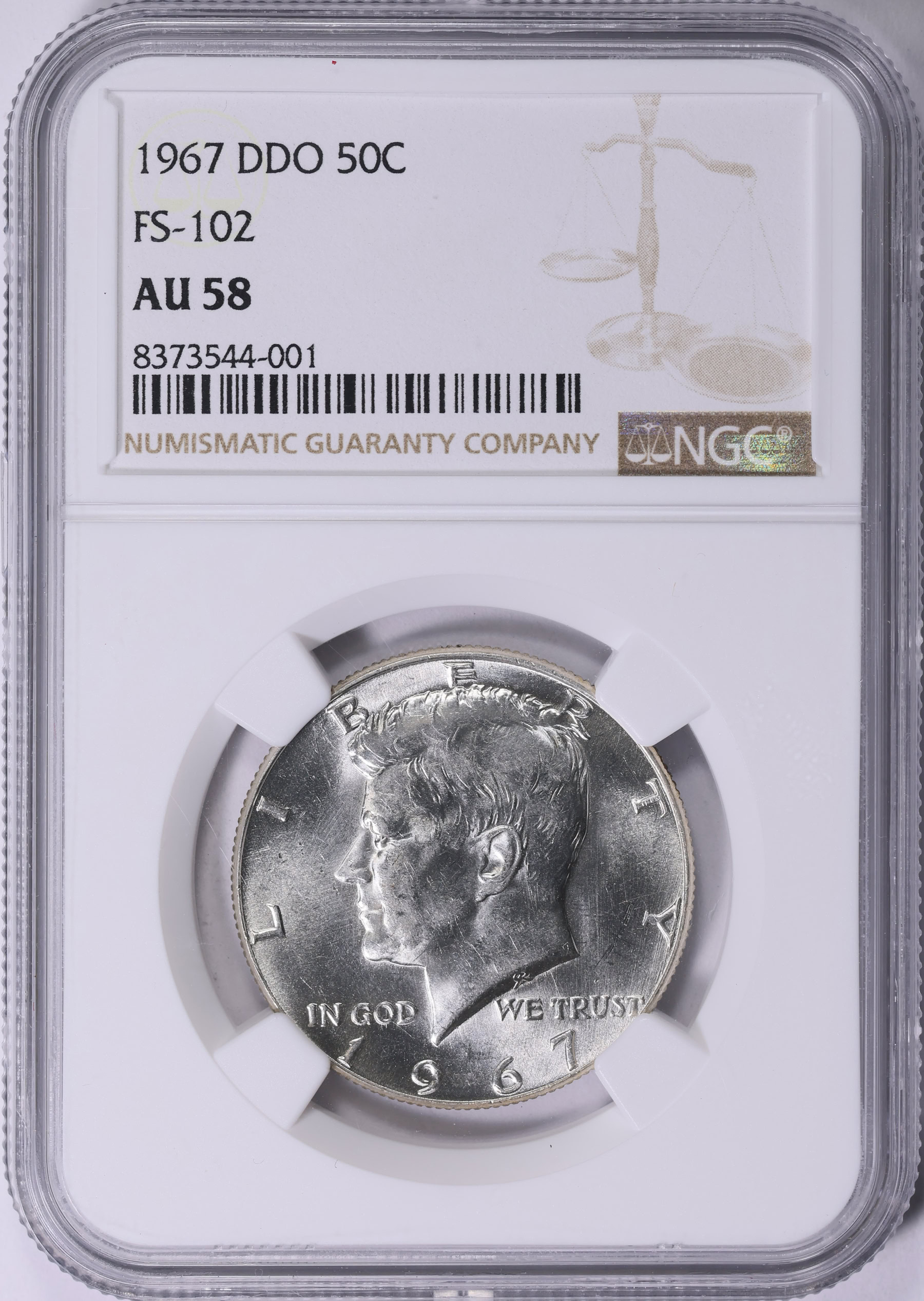 1967 Kennedy Half Dollar Doubled Die Obverse FS-102 NGC AU-58