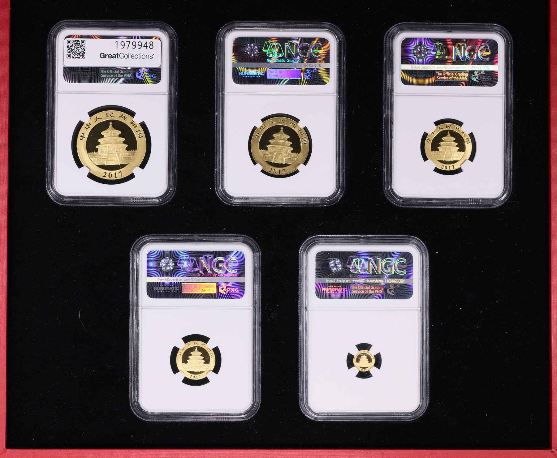 China 2017 Gold 10, 50, 100, 200 and 500 Yuan Panda Set in Case of