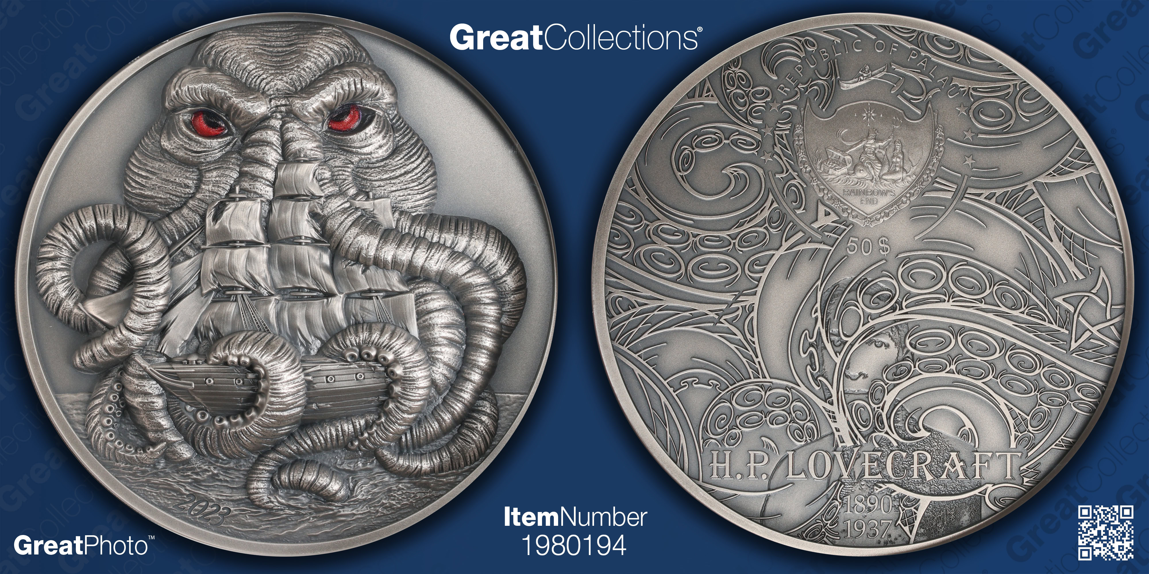 Palau 2023 Silver $50 Kilo H.P. Lovecraft Cthulhu Ultra High