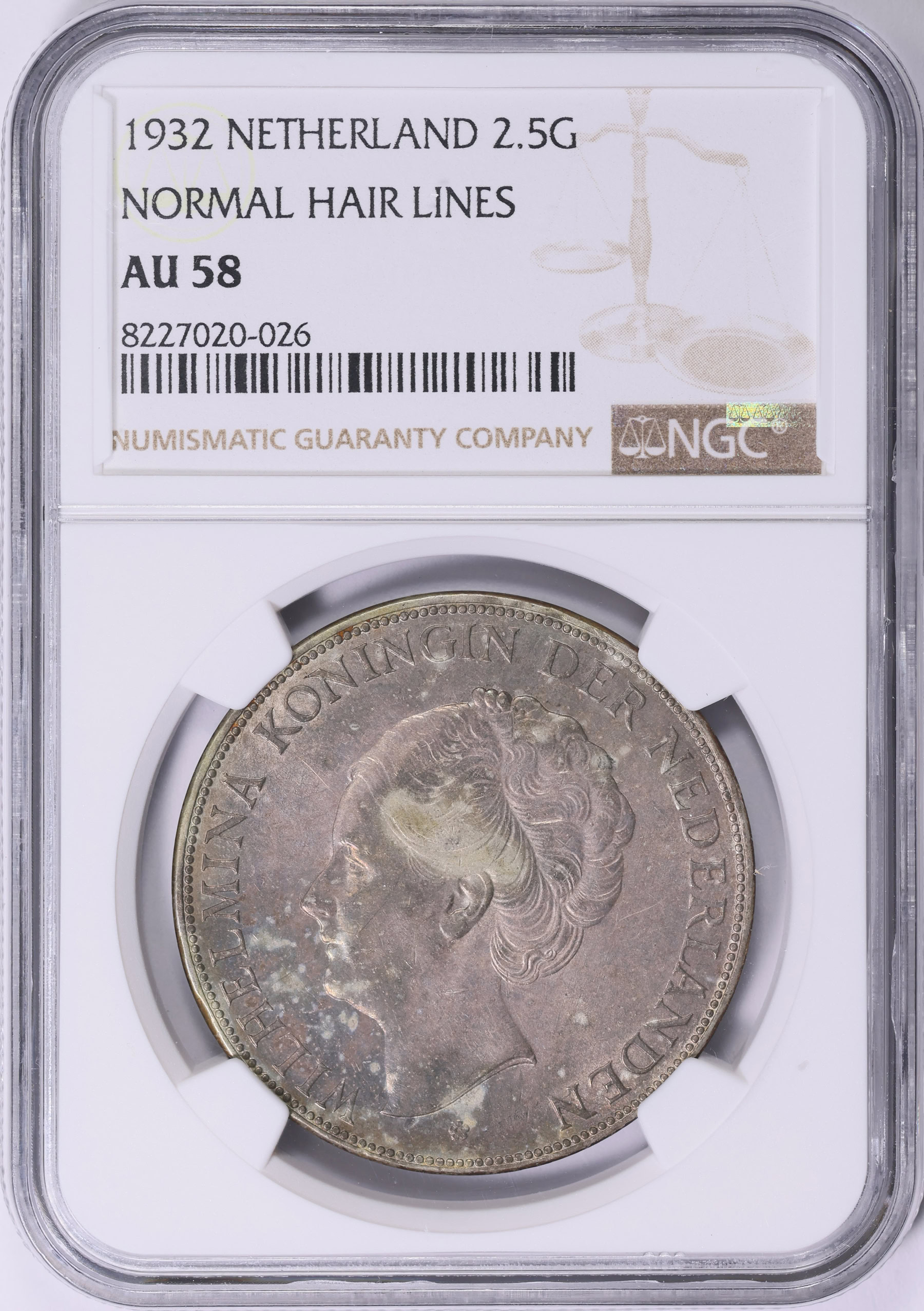 Netherlands 1932 Silver 2 1/2 Gulden Normal Hair KM-165 NGC AU-58