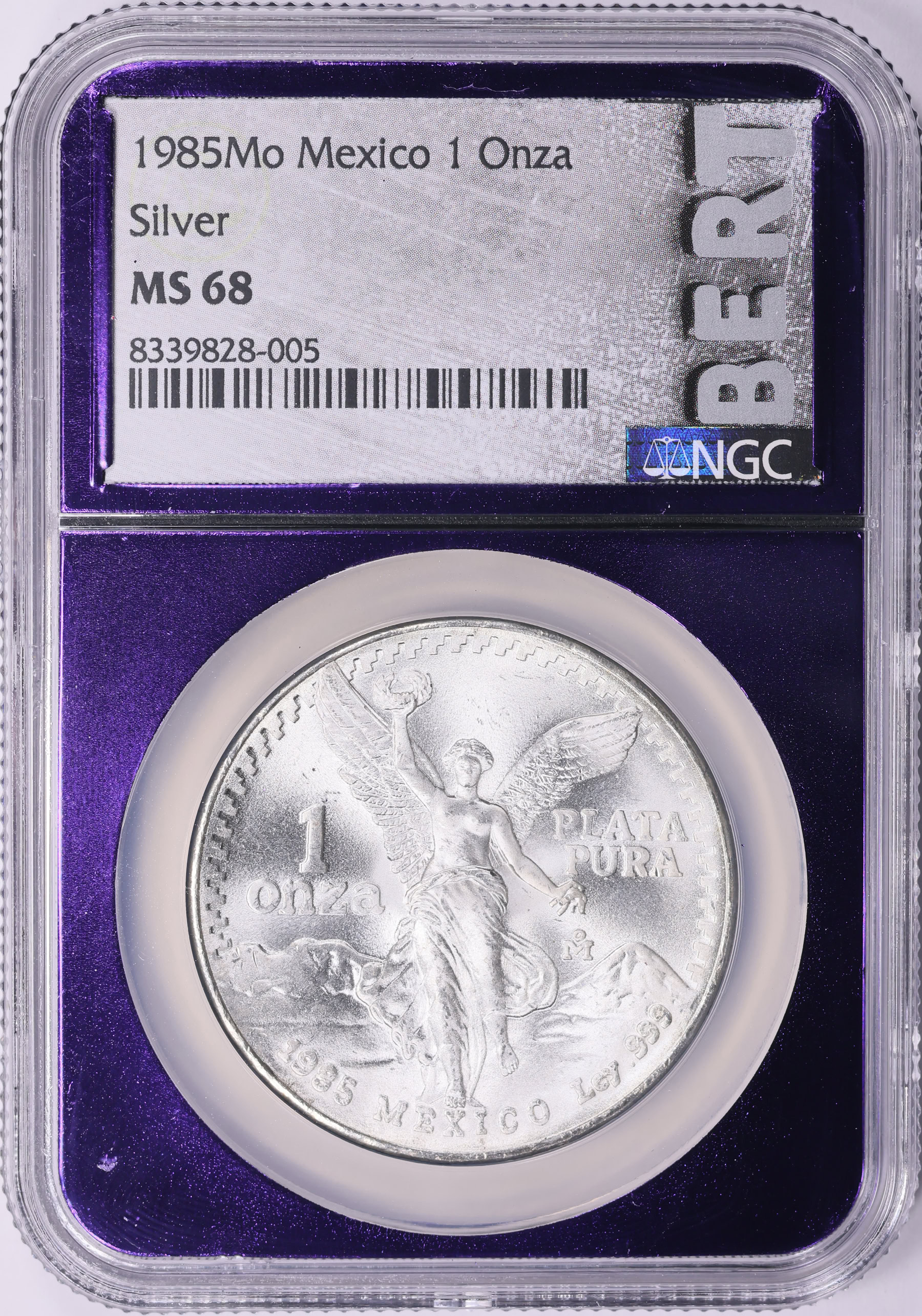 Mexico 1985-Mo Silver Onza Libertad KM-494.1 NGC MS-68 (Metallic