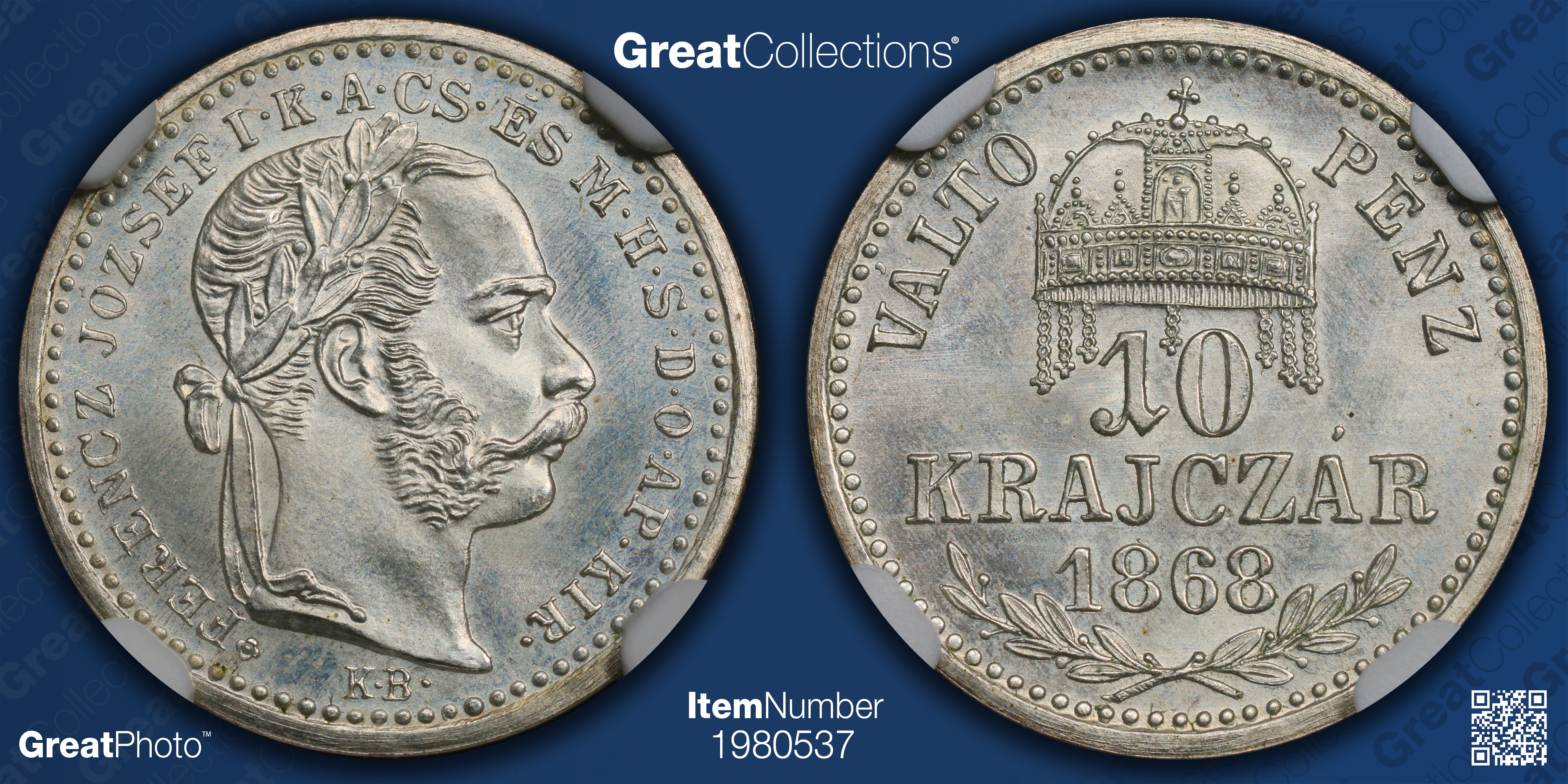 Hungary 1868-KB Silver 10 Krajczar Restrike KM-444 NGC Proof-67