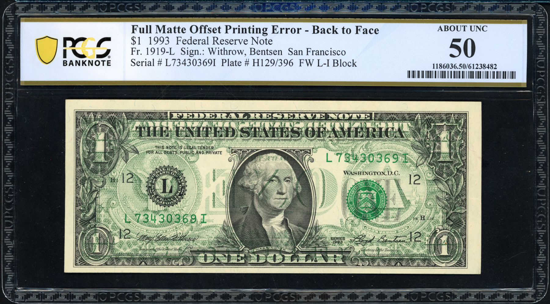 Off Set Error Banknote Fr. 1919-L (LI Block) 1993 $1 San Francisco Federal Reserve Error Note ...