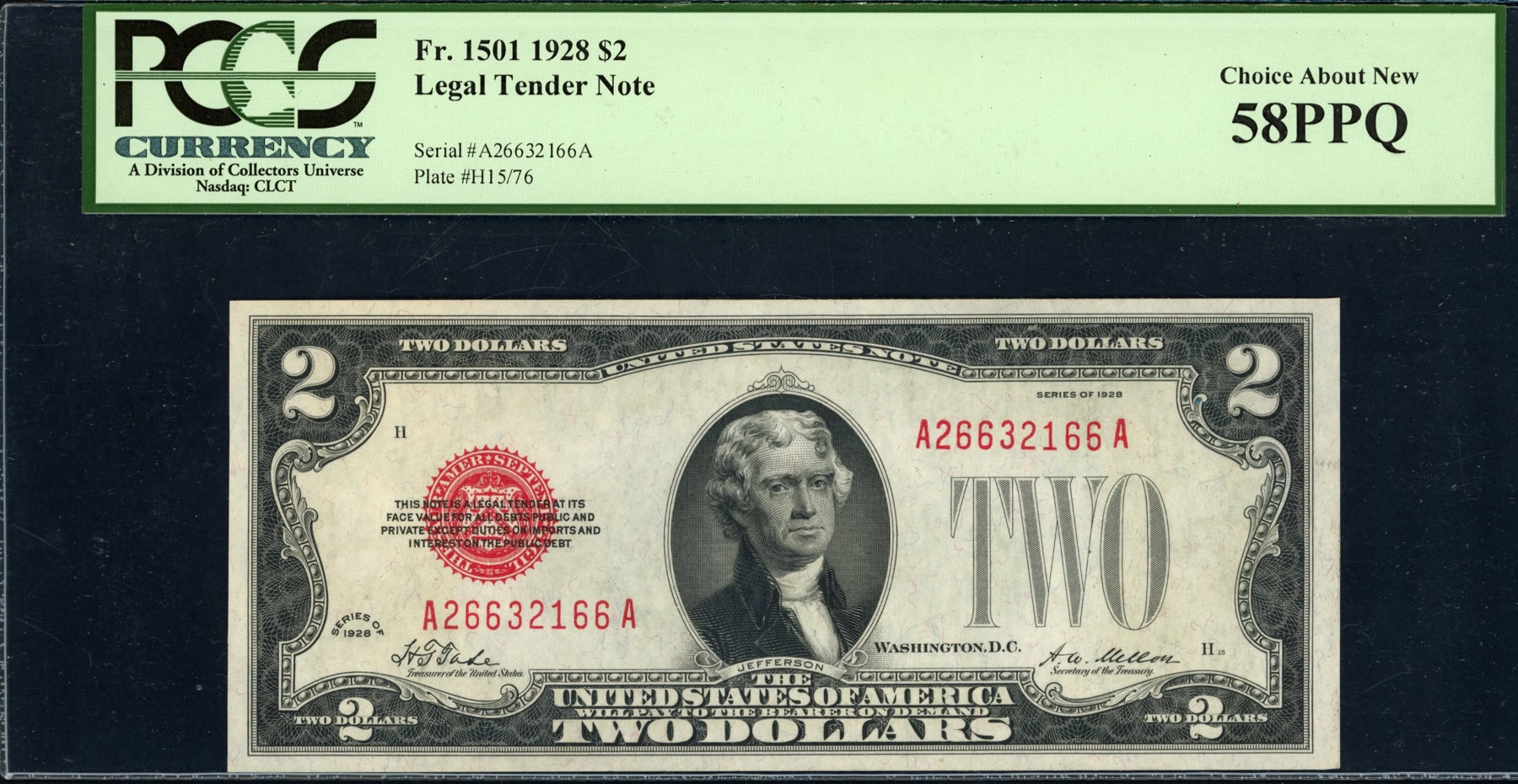 Fr. 1501 (AA Block) 1928 $2 Legal Tender Note Tate / Mellon PCGS ...