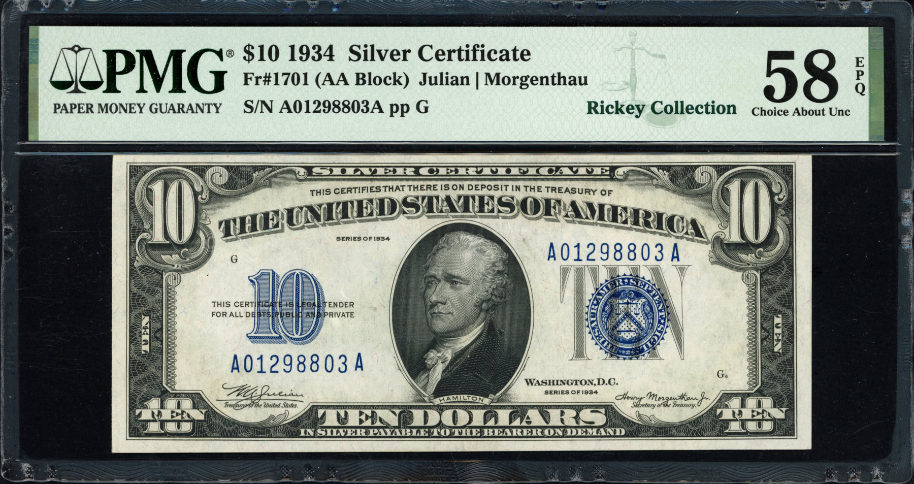 Fr. 1701 (AA Block) 1934 $10 Silver Certificate Note Julian ...