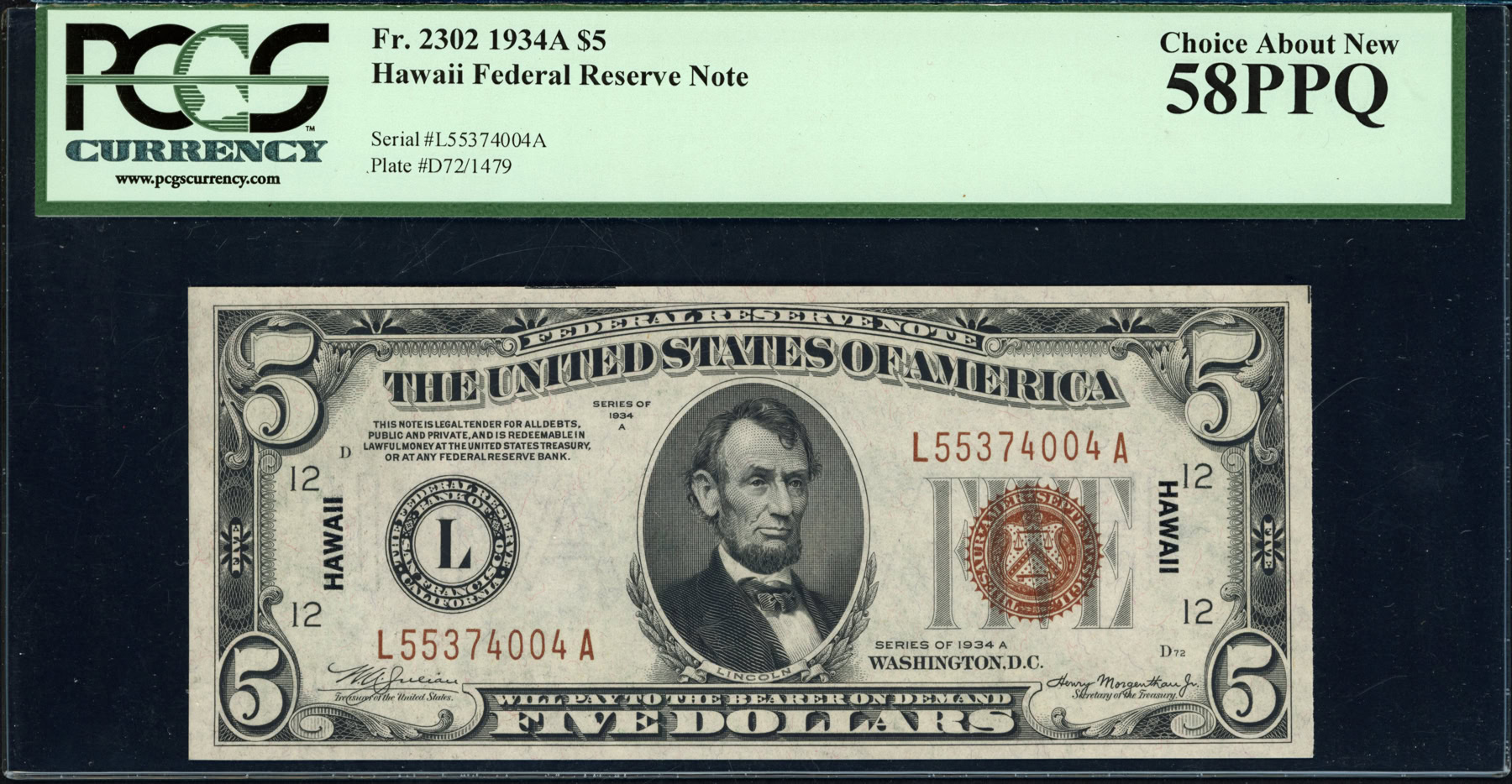 Fr. 2302 (LA Block) 1934A $5 Hawaii WWII Emergency Issue Note Julian ...