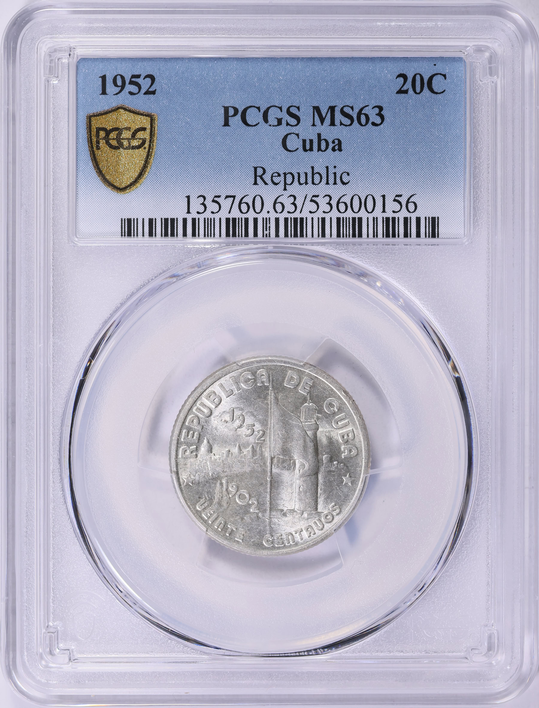 Cuba 1952 Silver 20 Centavos Republic 50th Anniversary KM-24 PCGS