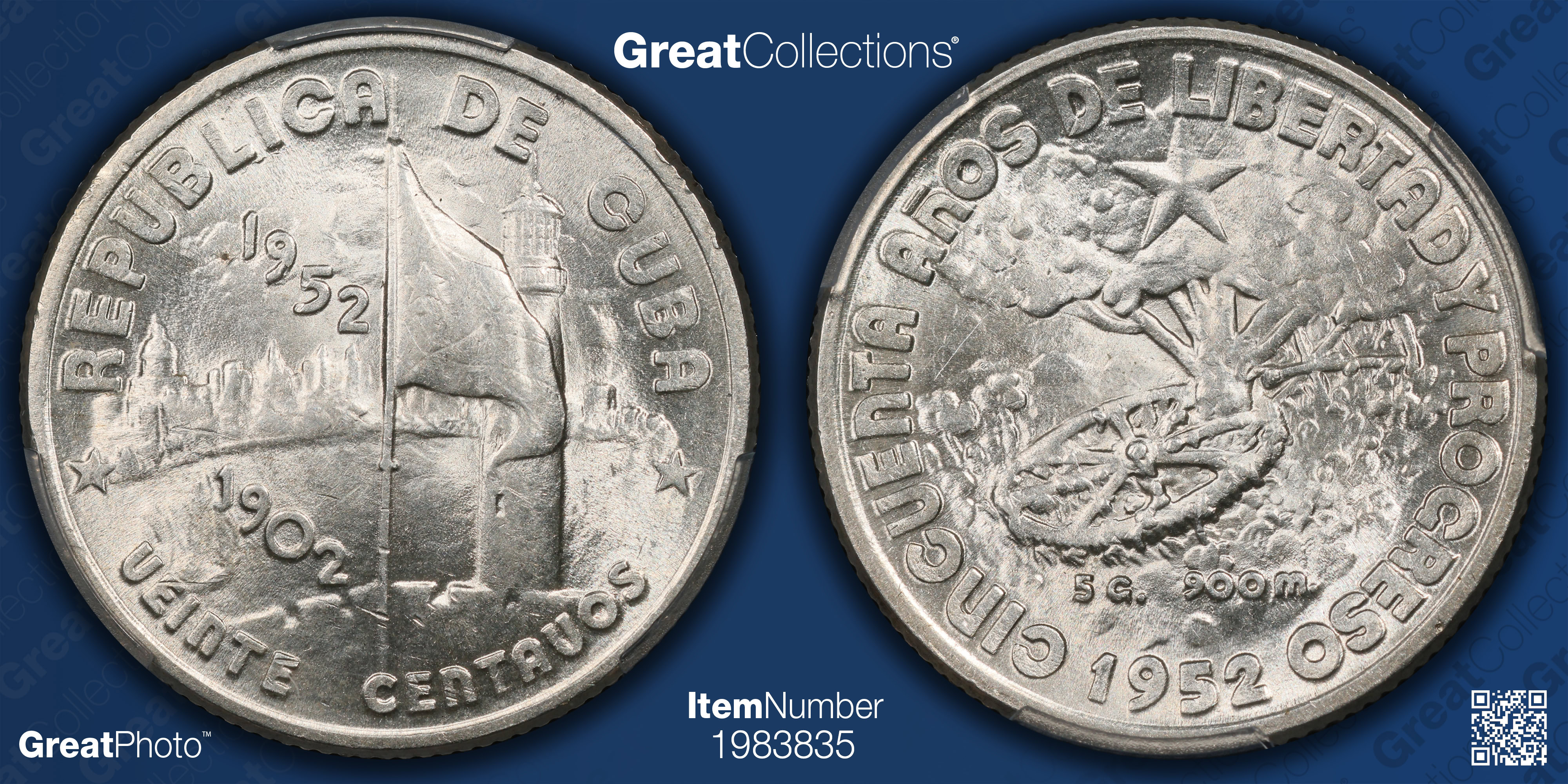 Cuba 1952 Silver 20 Centavos Republic 50th Anniversary KM-24 PCGS