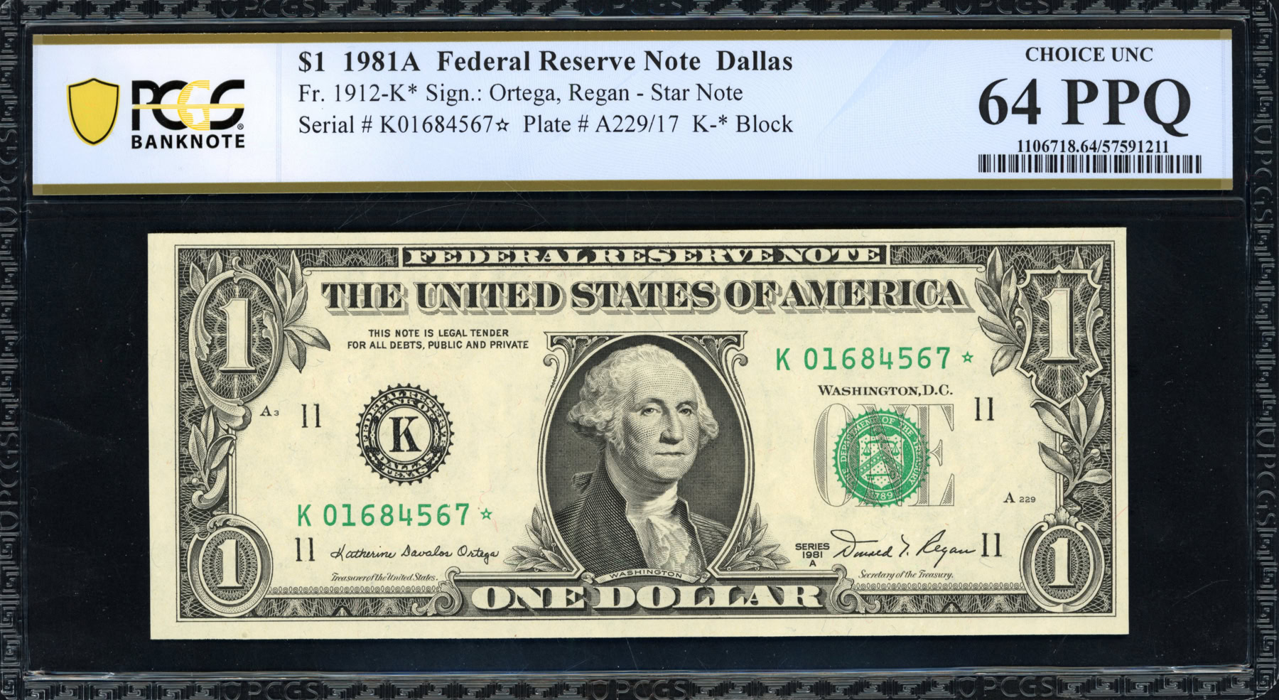 Fr. 1912-K* (K* Block) 1981A $1 Dallas Federal Reserve Star Note Ortega ...