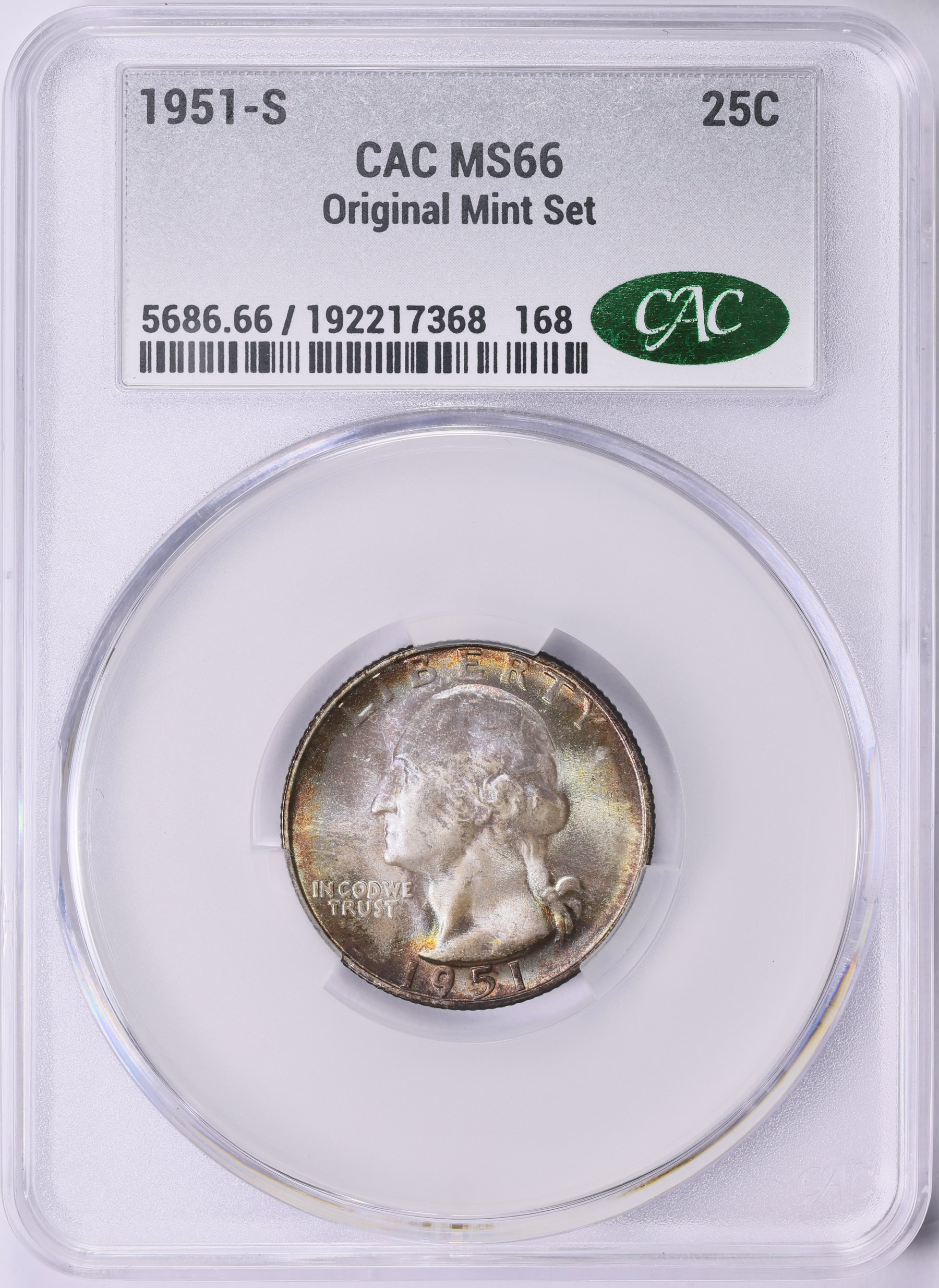 1951-S Washington Quarter CACG MS-66 (Toned) (Item 1985089