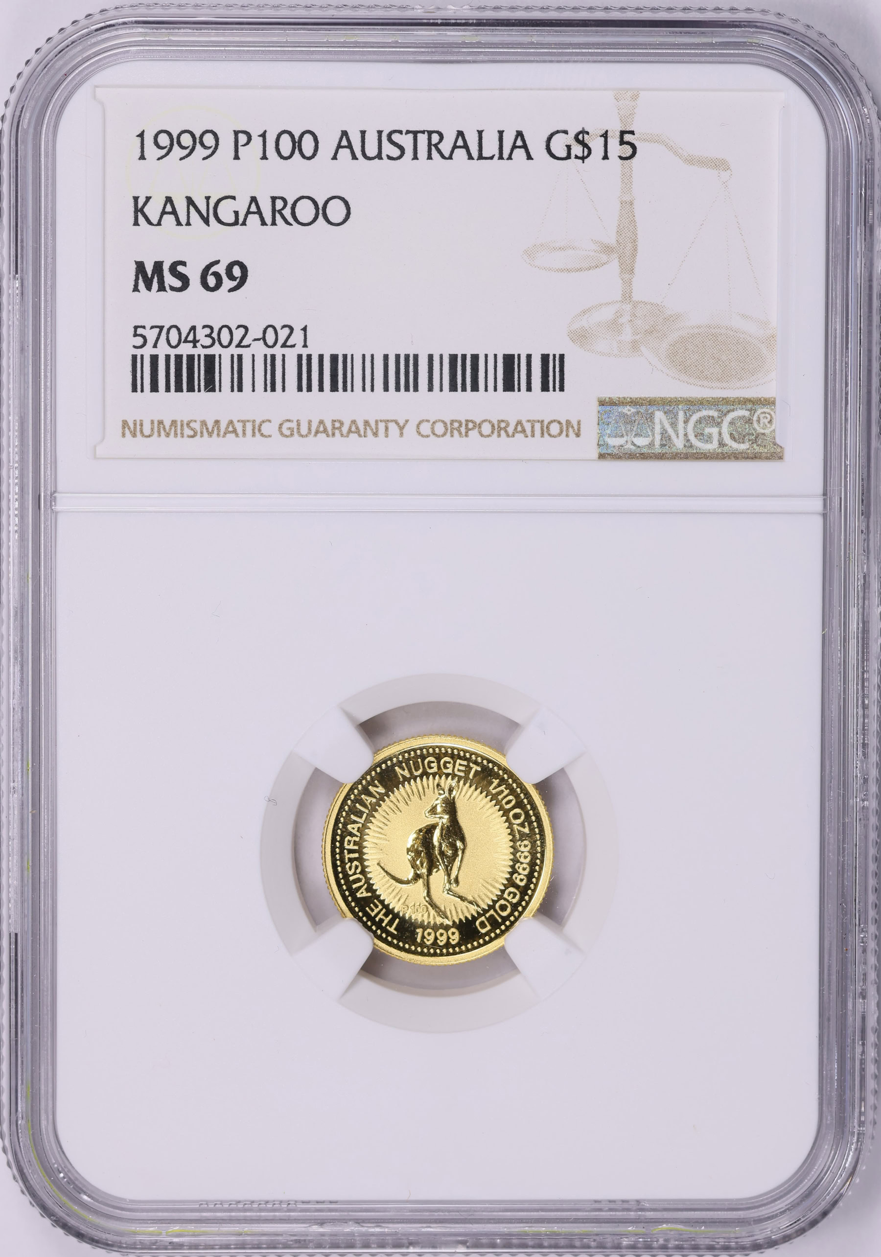 売り切れ　犬賞金 psa9 Australia 1999-P100 Gold $15 Kangaroo-Nugget KM-449 NGC MS-69 (AGW