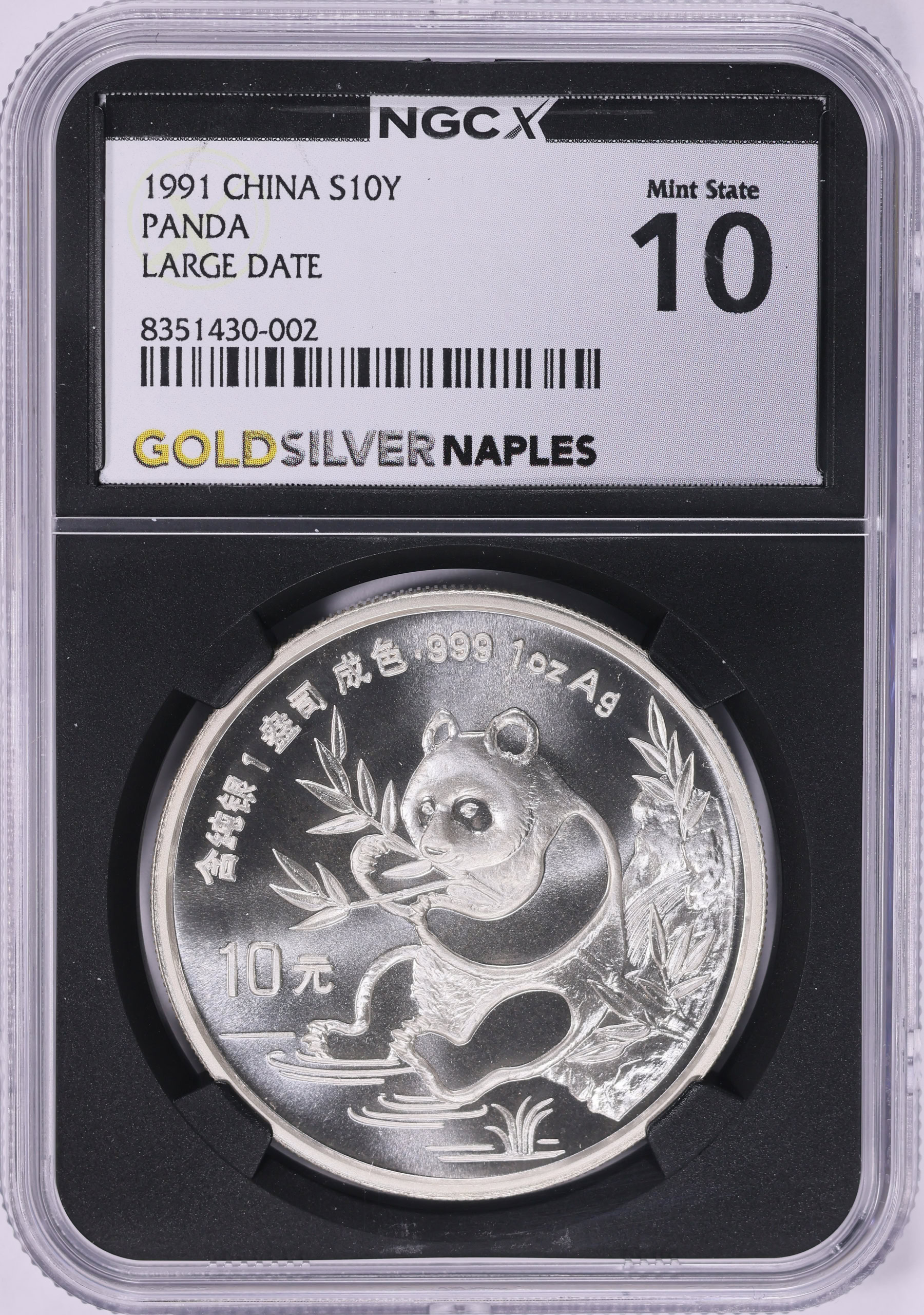 China 1991 Silver 10 Yuan Panda Large Date KM-386.1 NGCX Mint