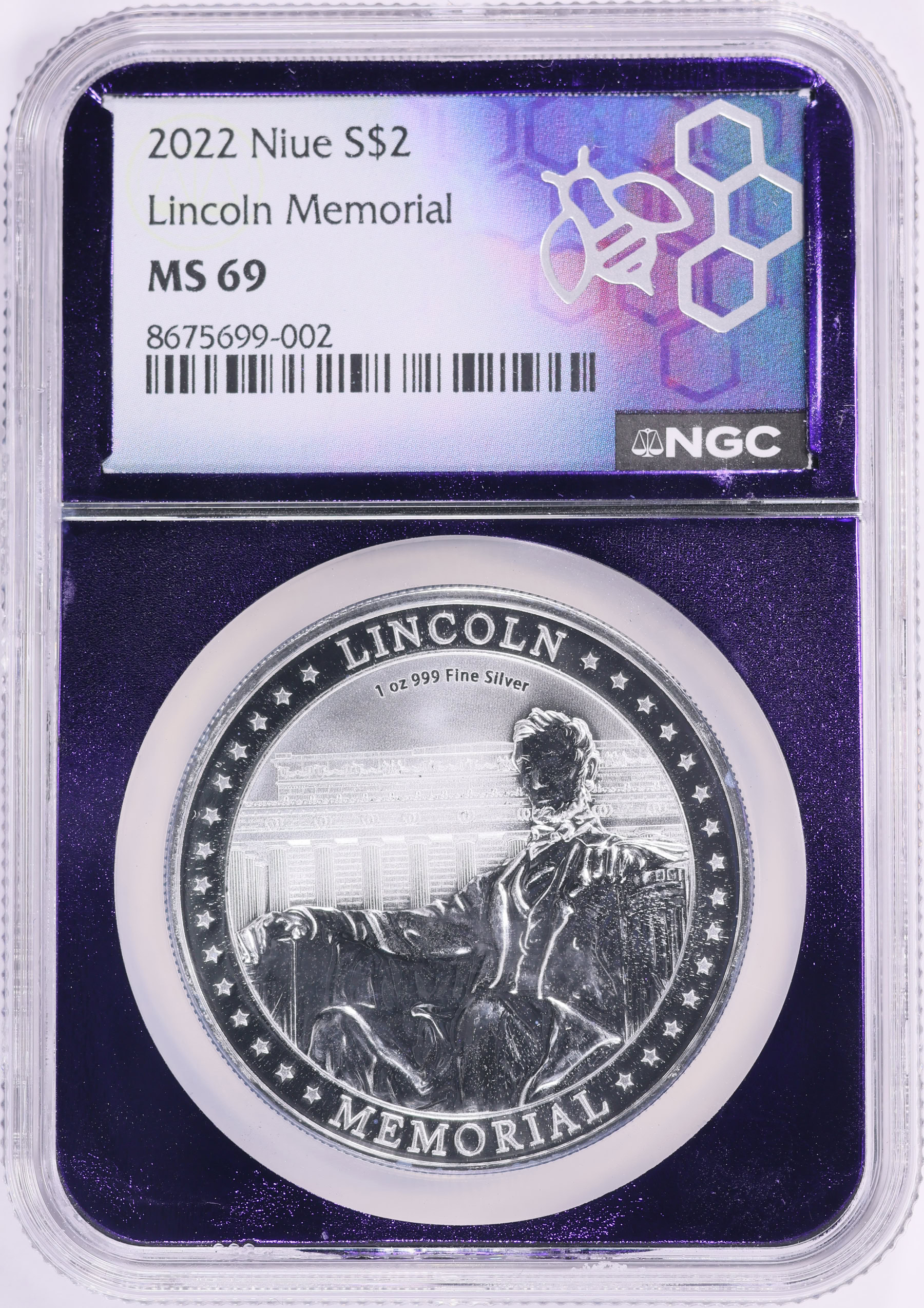 Niue 2022 Silver $2 Lincoln Memorial NGC MS-69 (Purple Bee Frame