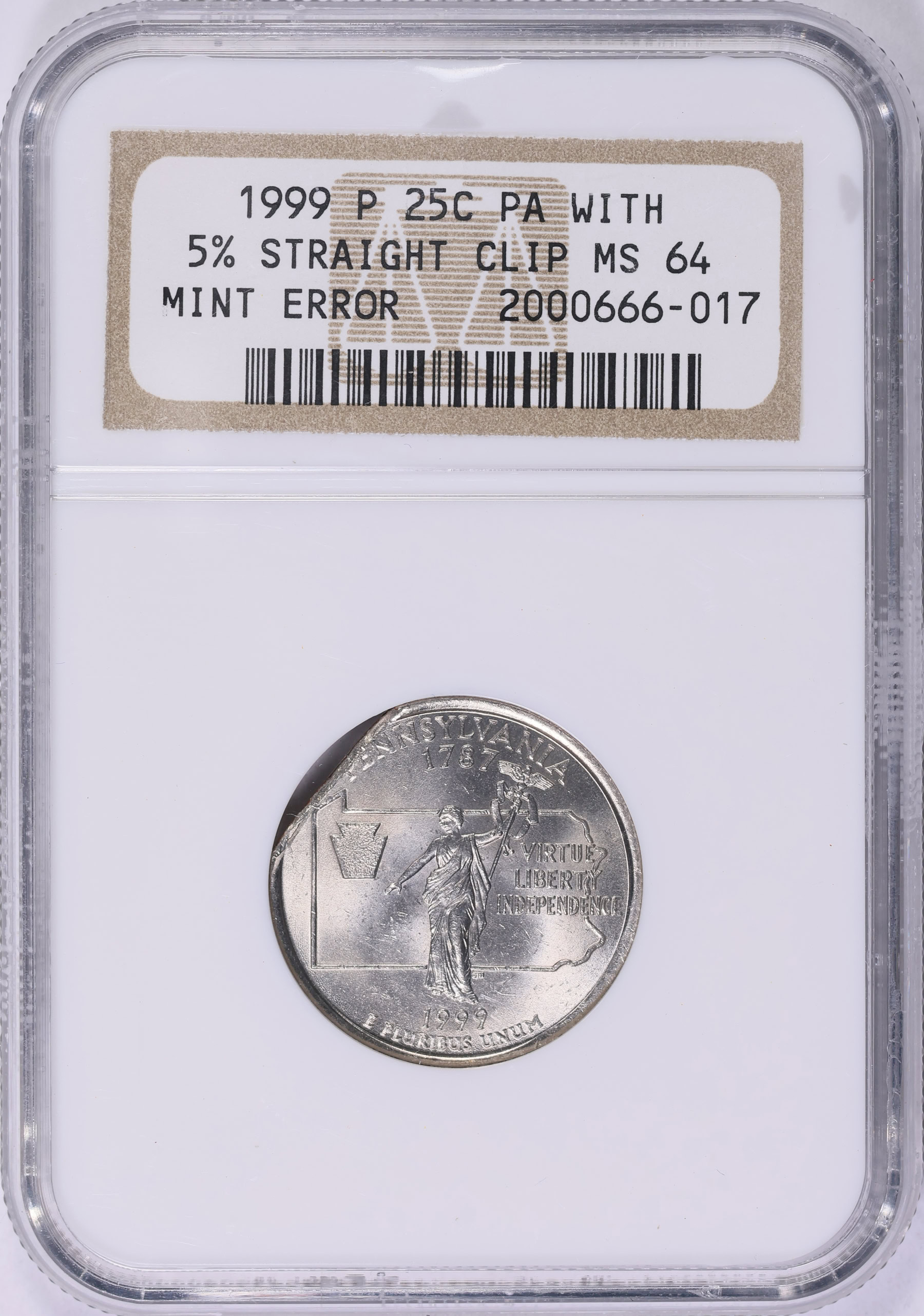 Mint Error 1999-P State Quarter Pennsylvania With 5% Straight Clip