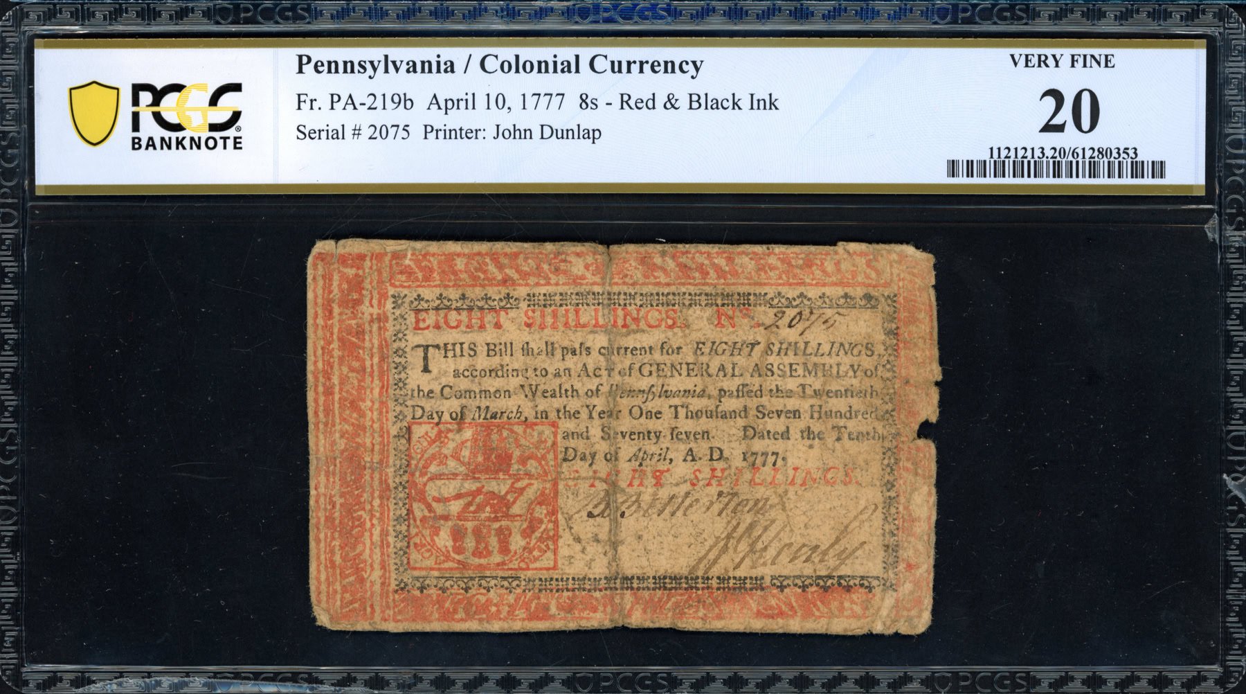 Fr. PA-219b April 10, 1777 8 Shillings Pennsylvania Colonial Note Red ...