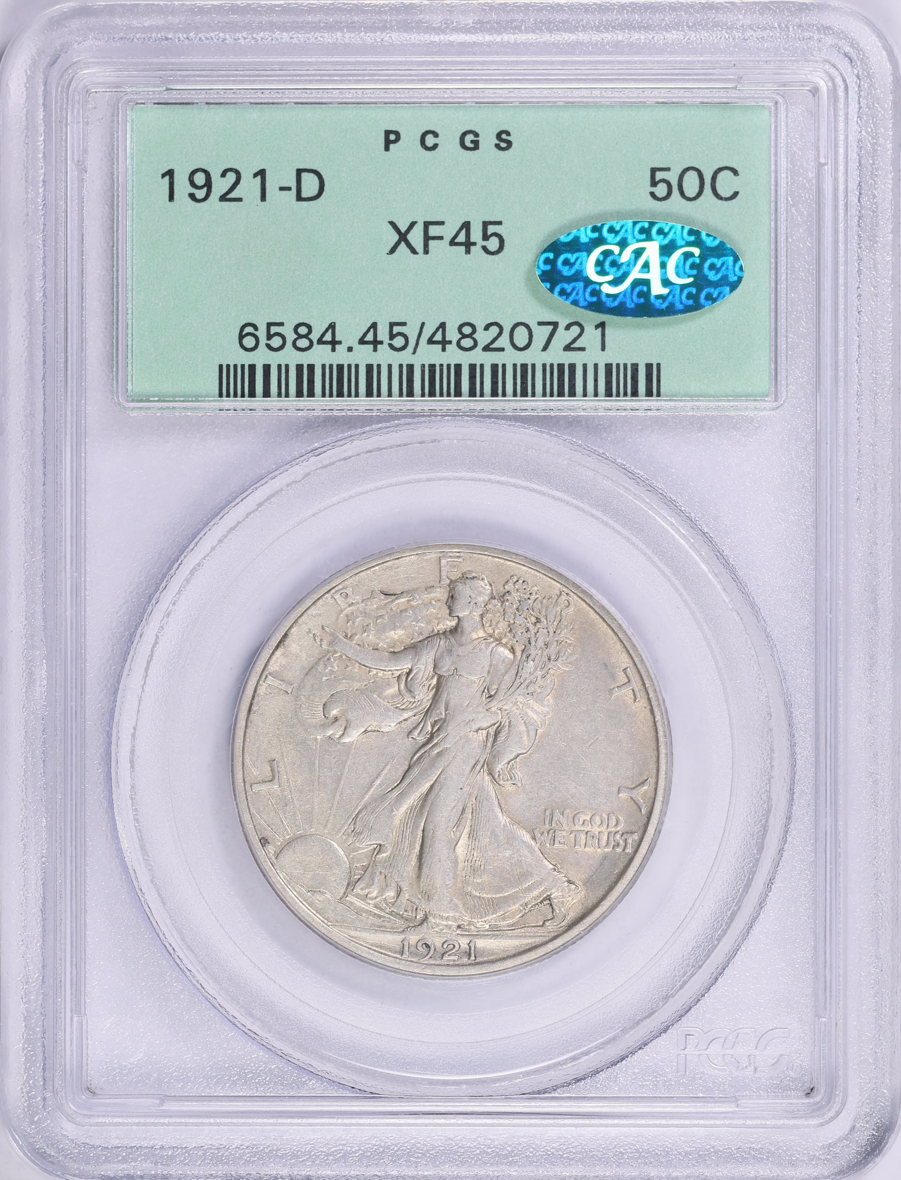 1921-D Walking Liberty Half Dollar PCGS XF-45 (CAC Green) OGH