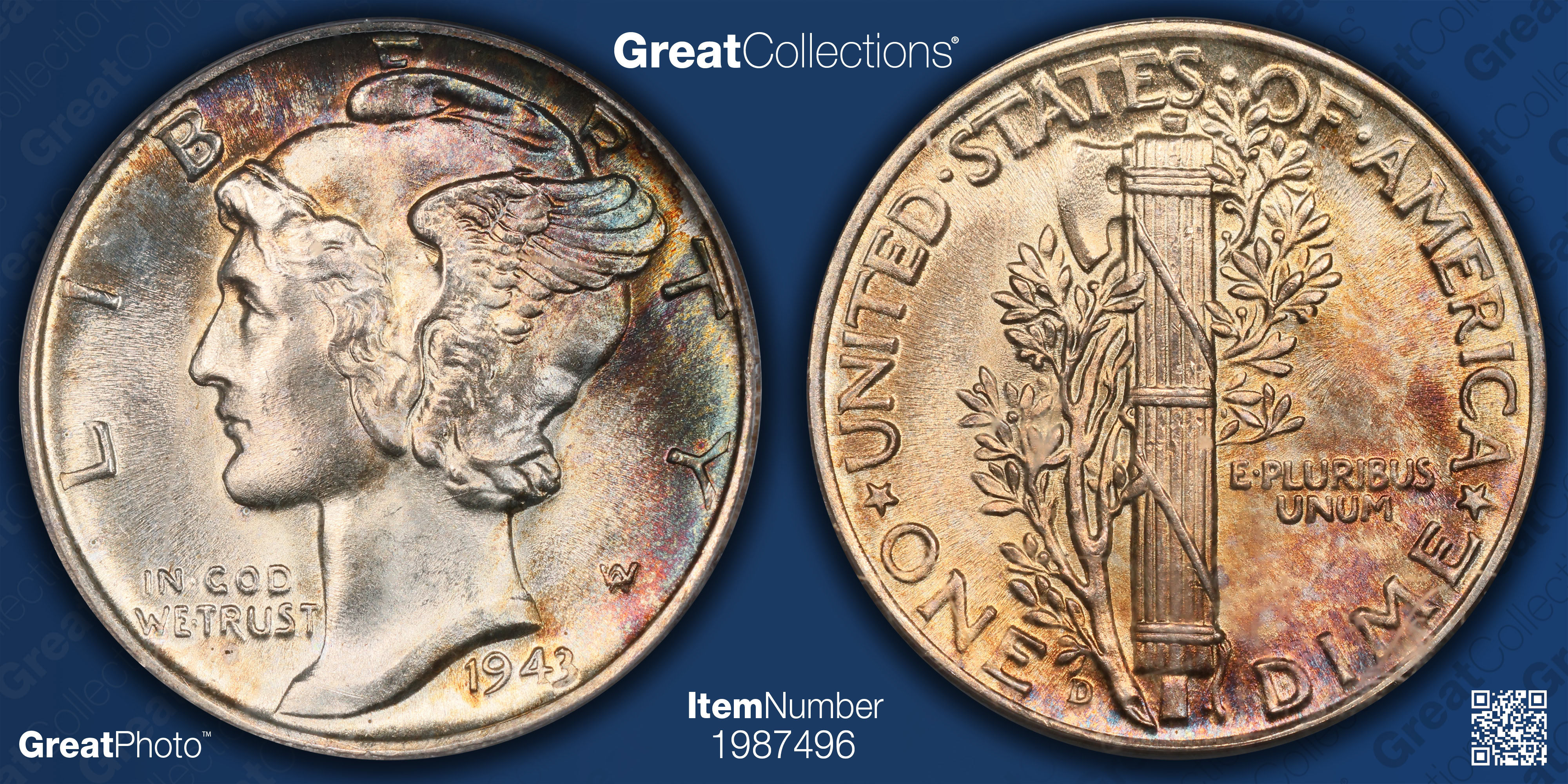 1943 D Mercury Dime Pcgs Ms 65 Fb Toned Item 1987496 