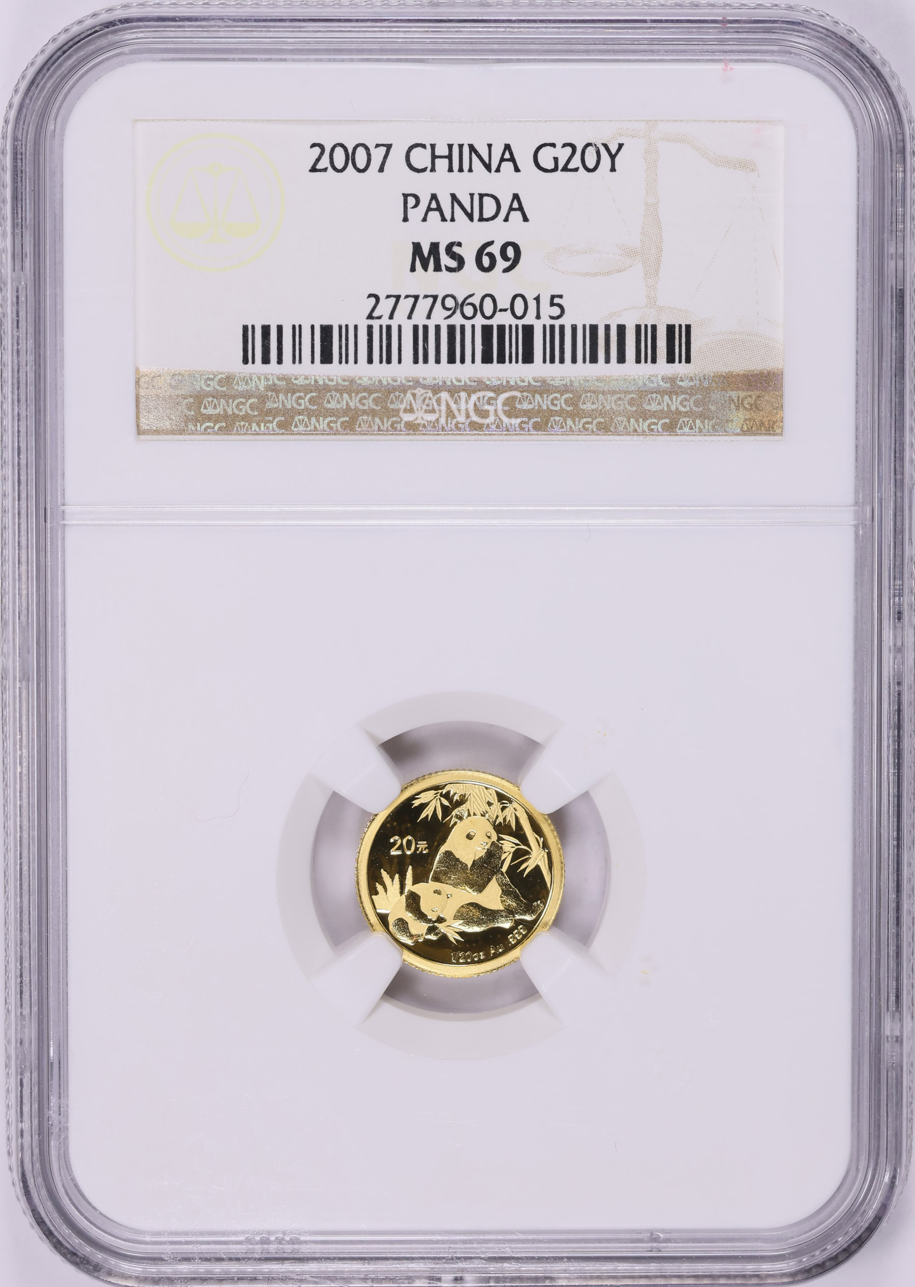 China 2007 Gold 20 Yuan Panda KM-1707 NGC MS-69 (AGW = 0.05 oz