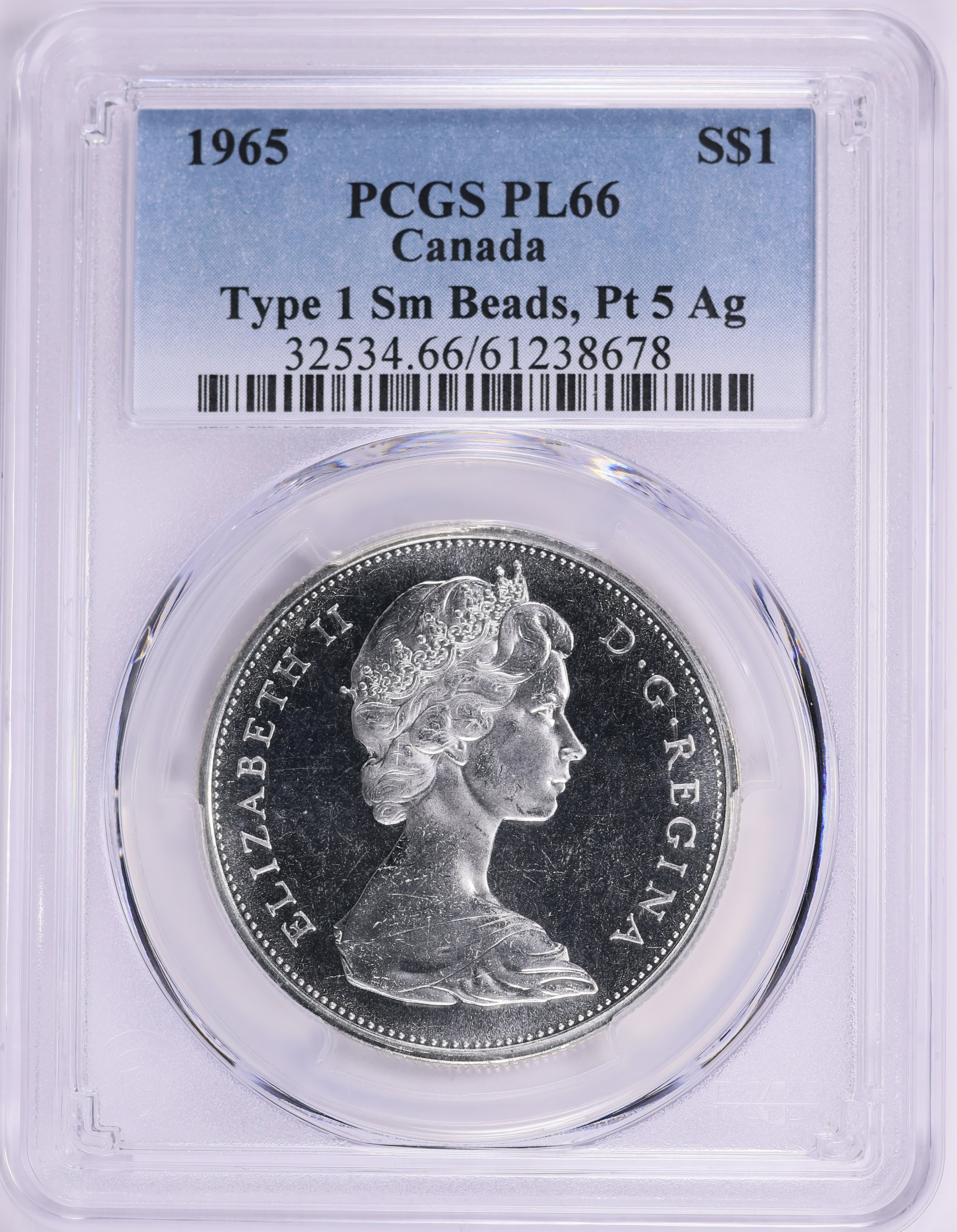 Canada 1965 Silver Dollar Type 1 Small Beads, Pointed 5 KM-64.1