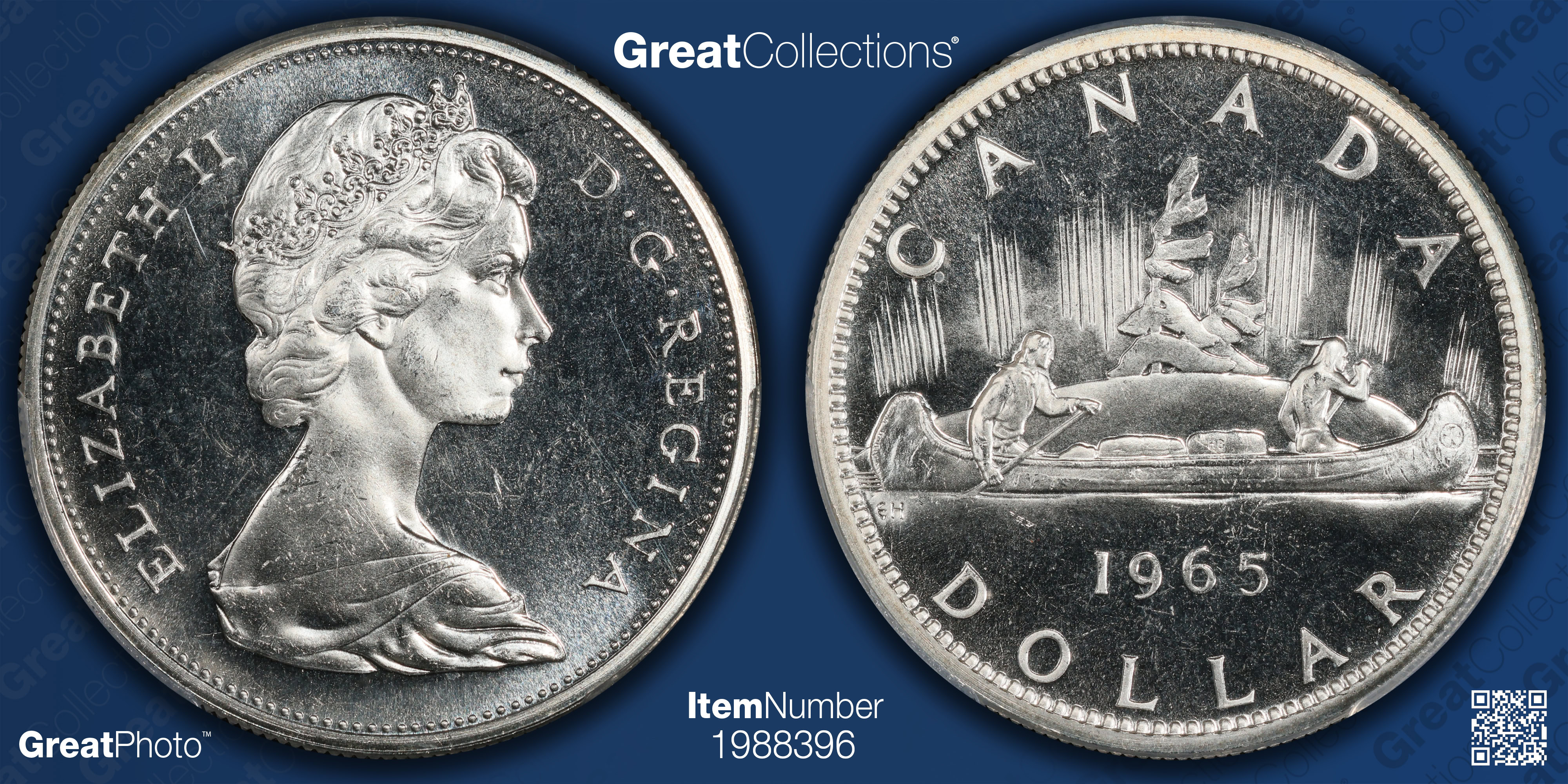 Canada 1965 Silver Dollar Type 1 Small Beads, Pointed 5 KM-64.1