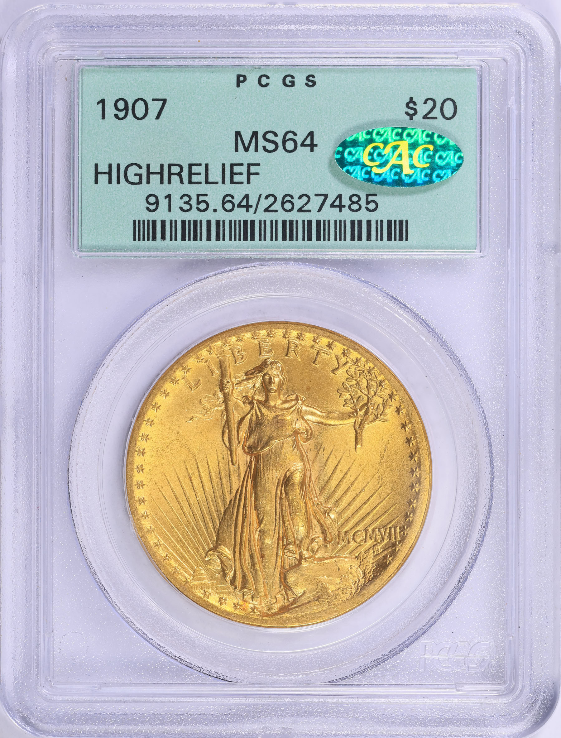 1907 Saint-Gaudens Gold Double Eagle MCMVII, High Relief Flat Edge