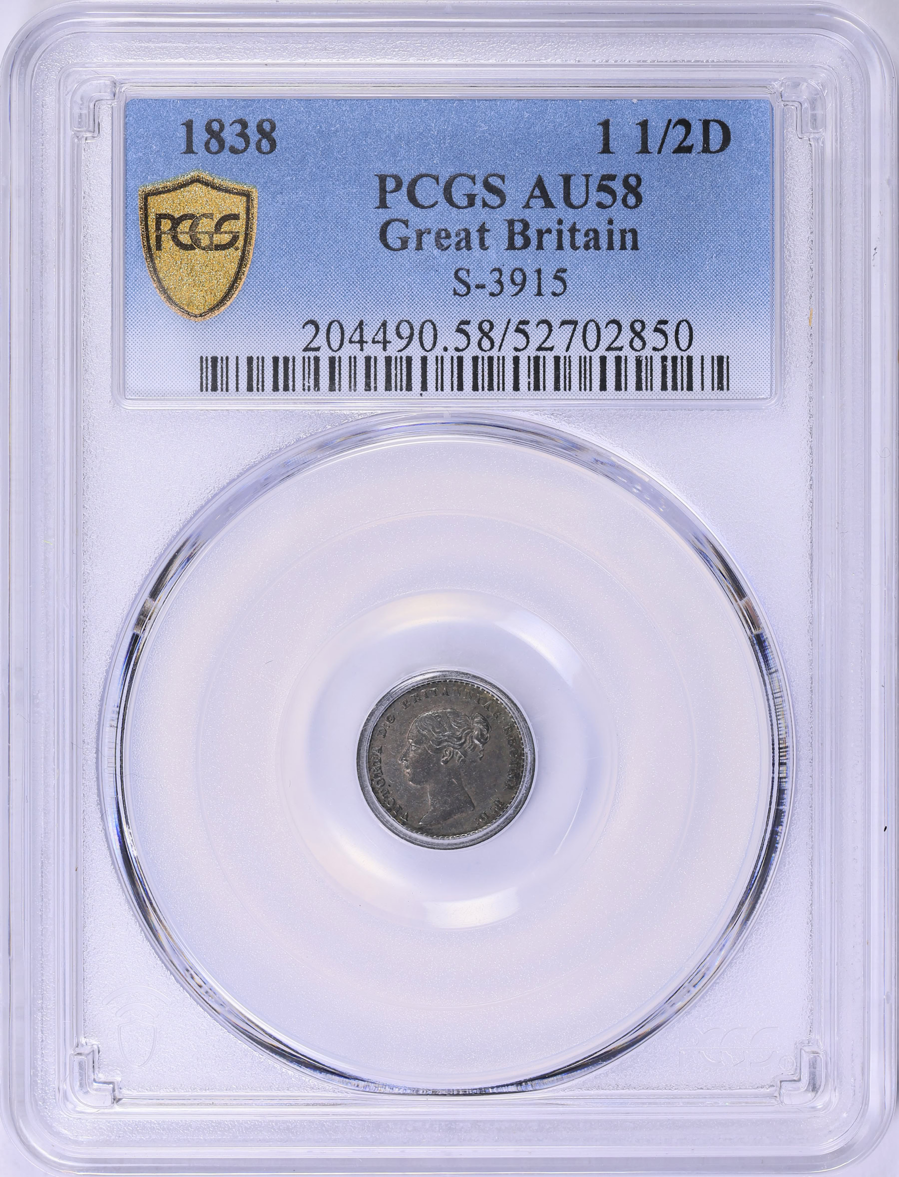 Great Britain 1838 Silver 1 1/2 Pence KM-728 PCGS AU-58 (Item