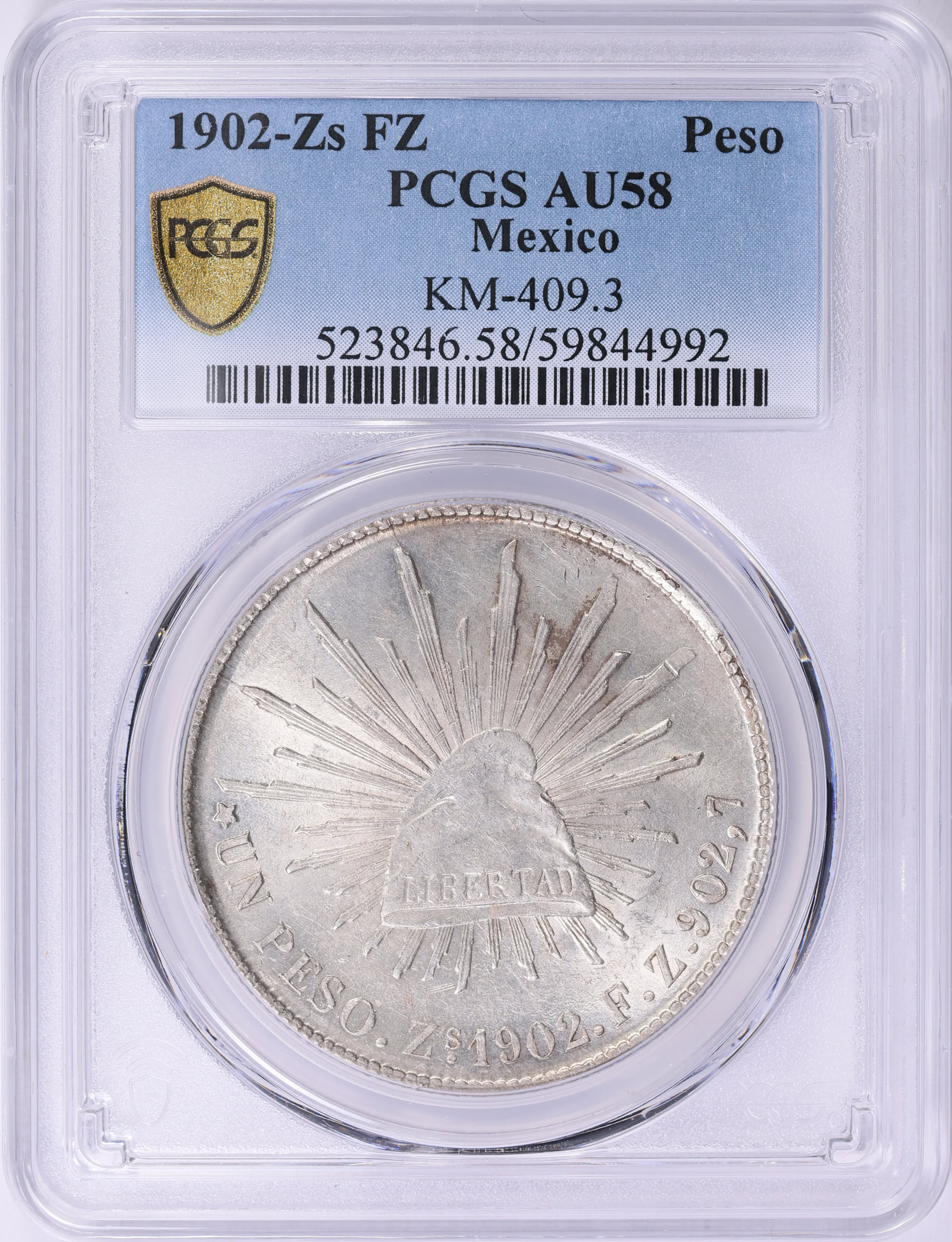Mexico 1902-Zs FZ Silver Peso KM-409.3 PCGS AU-58 (Item 1988570